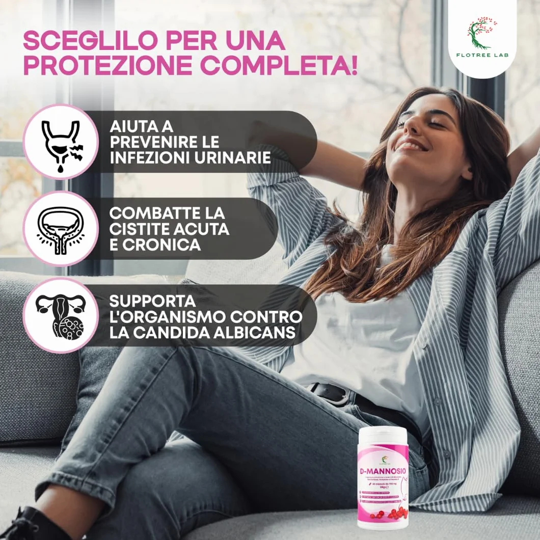 FloTree Lab® D Mannosio Cistite con Cranberry, Pompelmo e Vitamina C, 2000 mg, Integratore Vie Urinarie, 40 Capsule