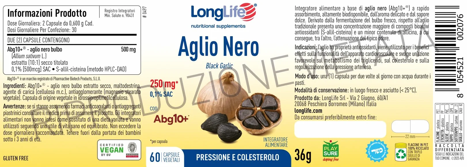 LongLife® Aglio Nero | Estratto fermentato 250mg | Titolato in S-allil-cisteina (SAC) 0,1% | Supporto cardiovascolare e antiossidante | Fino a 1 mese di trattamento | Vegano e Senza glutine