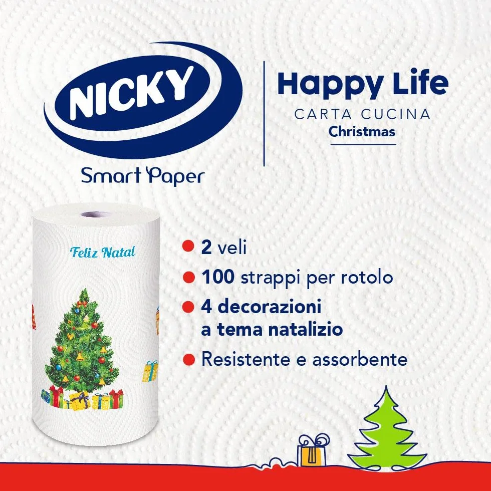 Nicky Happy Life Christmas Carta Cucina Natalizia 24 Rotoli Asciugatutto 100 Strappi 2 Veli Apertura Facilitata 4 Decori Natalizi Diversi Resistente Assorbente Carta FSC