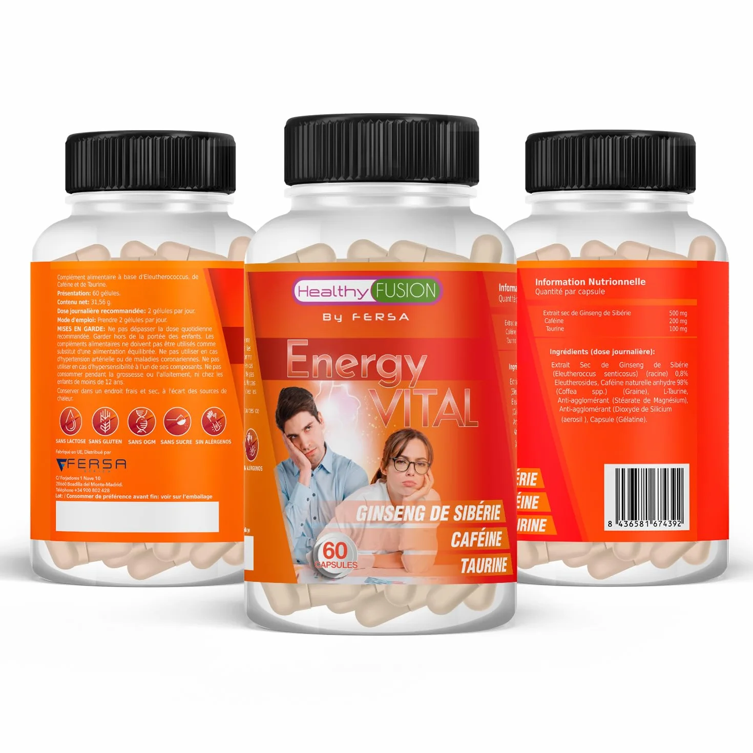 Healthy Fusion Energy Vital | Formula energizzante e anti-fatica efficace | Eleuterococco + Taurina + Caffeina | Stimolante 100% naturale | Migliora e potenzia le performance fisiche e mentali | 60u