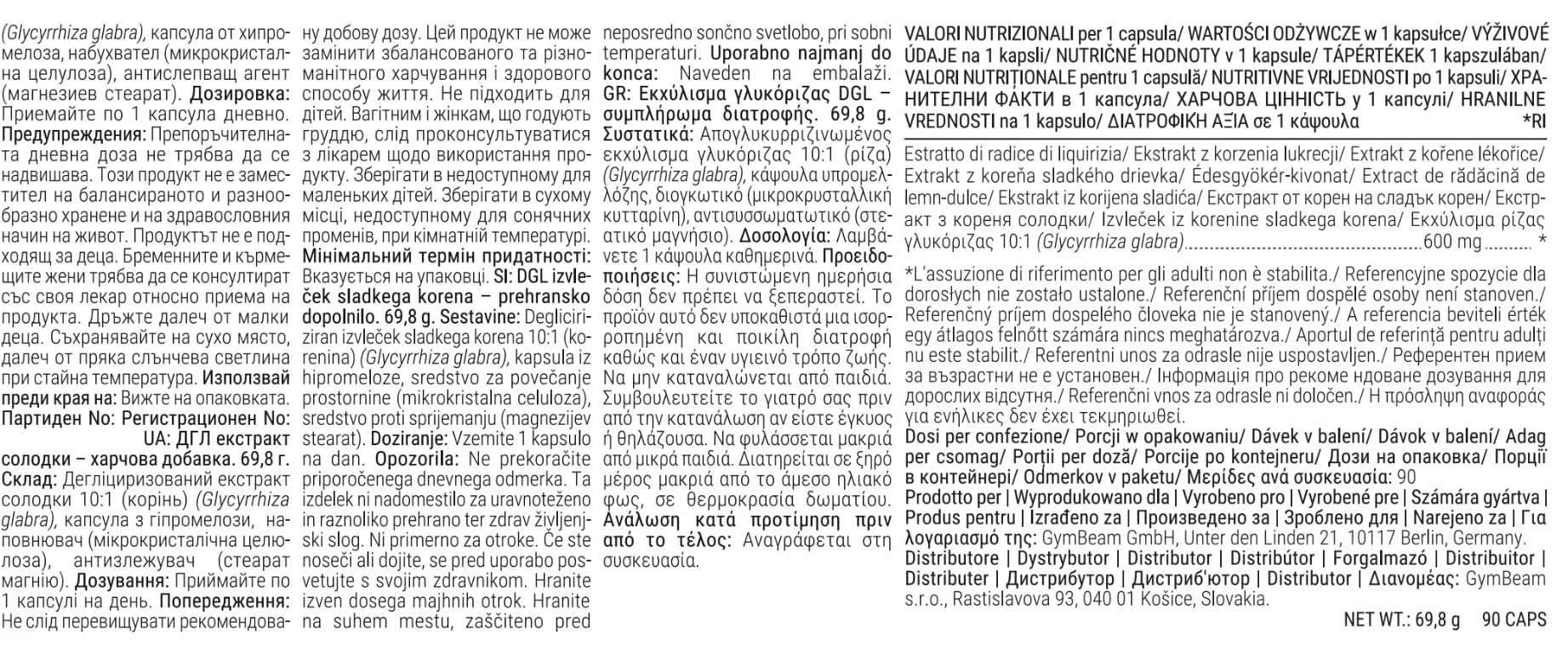 GymBeam Estratto di Liquirizia DGL 600 mg 10:1 Capsule Vegane Supporto Digestivo 90 cps