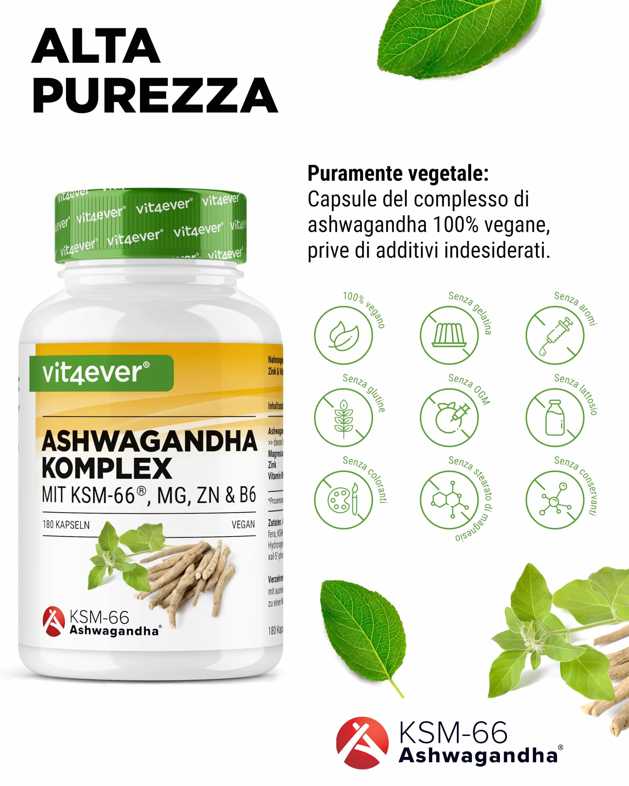 Complesso di Ashwagandha KSM-66® 180 capsule 600 mg con magnesio, zinco e vitamina B6 Vegan