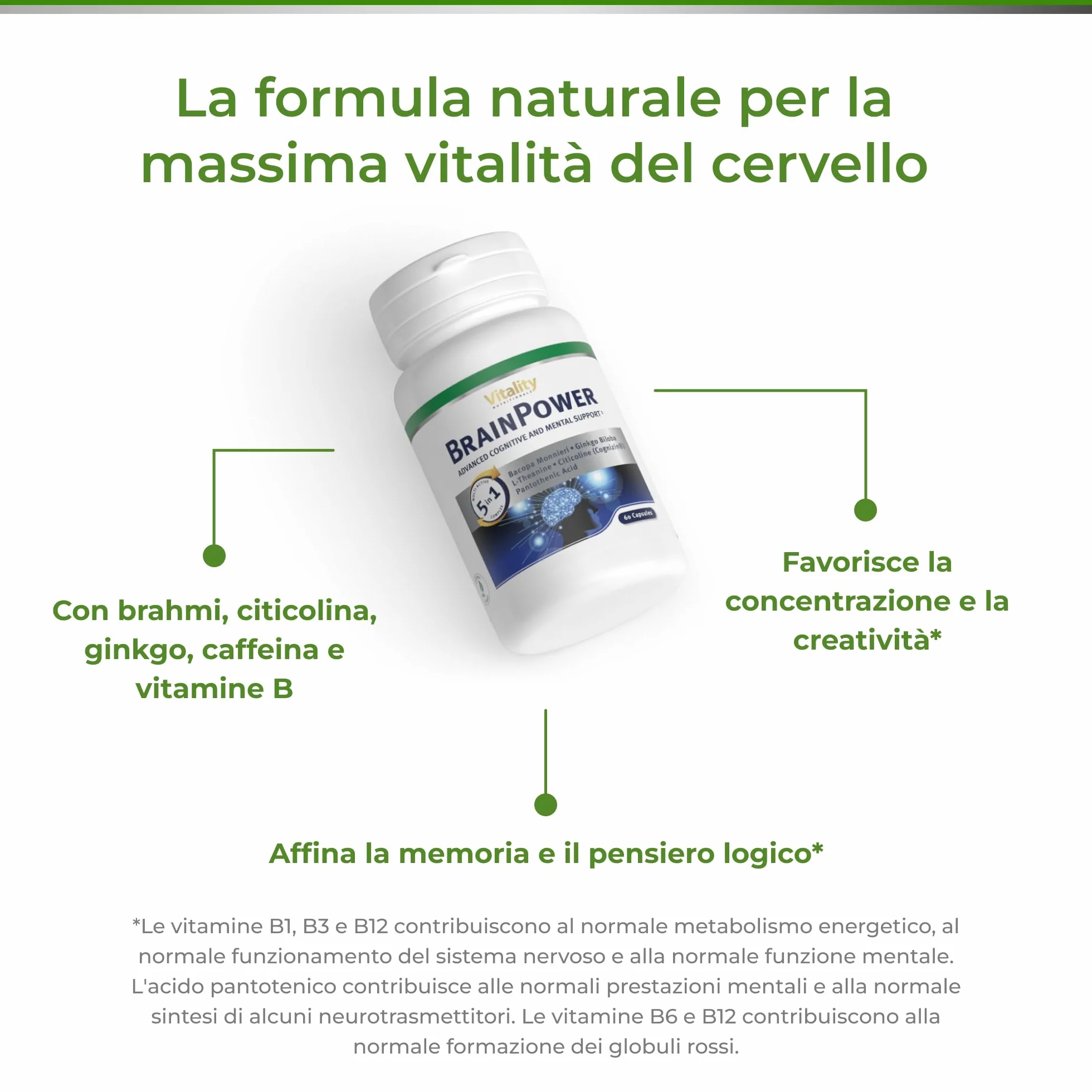 Brain Power, Ginkgo Biloba, Brahmi, Vitamina B6. Contribuisce a migliorare memoria, concentrazione, stress e l'affaticamento mentale. Vitality Nutritionals di VitaminExpress