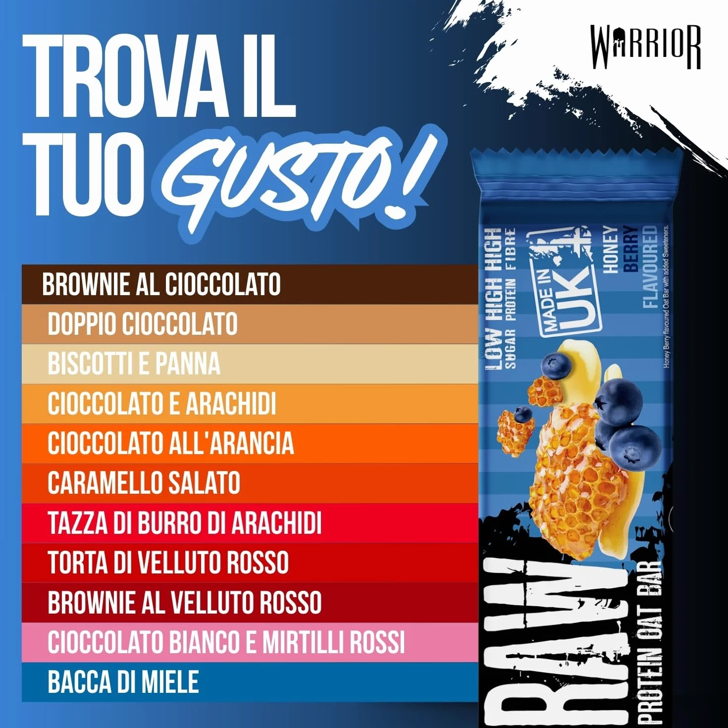 Warrior Raw Barretta Proteica 12 x 75 g – Barrette Proteiche ai Fiocchi d'Avena, Snack Proteico Senza Zucchero con Fibre e Prebiotici – Frutti di Bosco al Miele