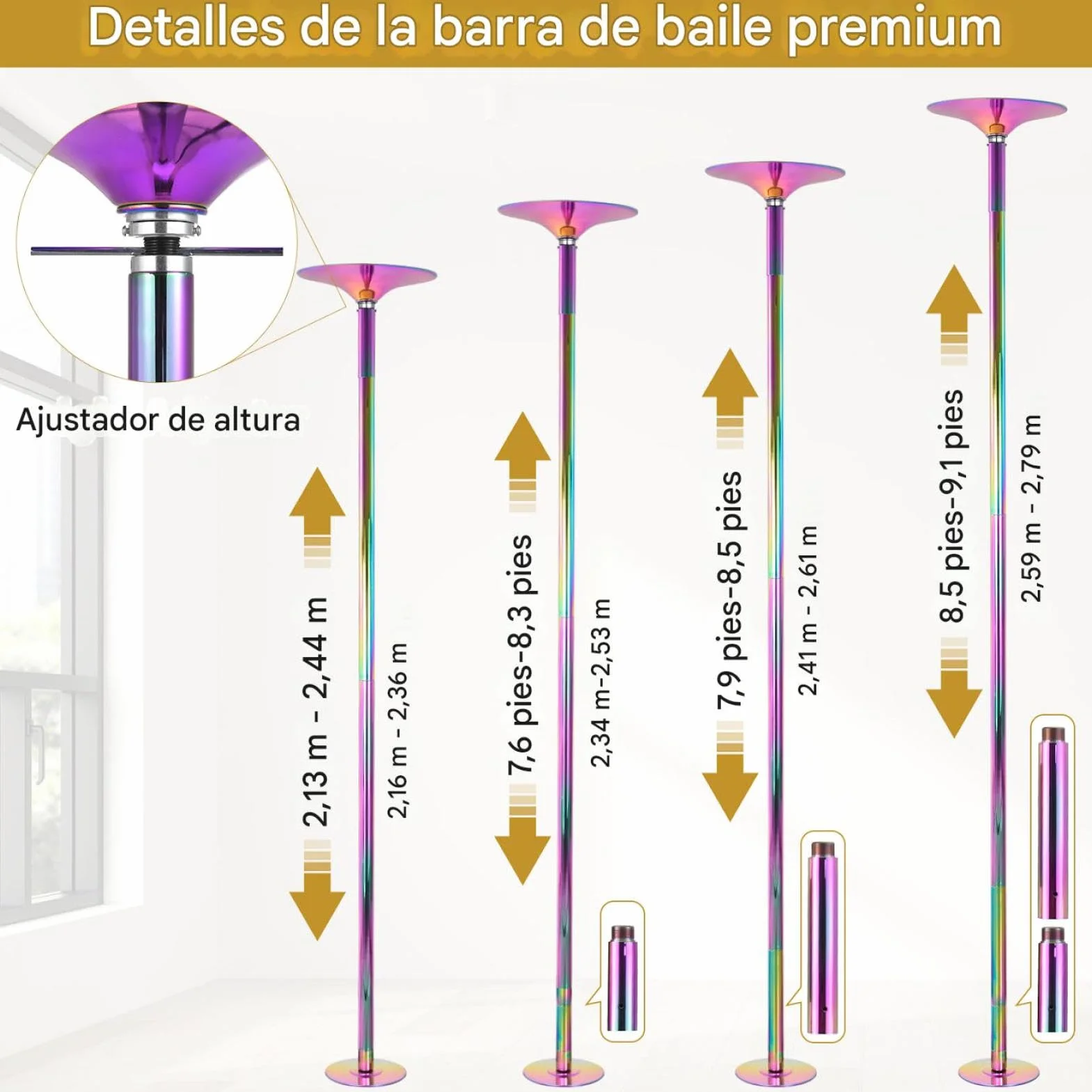 Palos Pole Dance Professionale Altezza Regolabile 223,5-274,5 cm 45 mm Rotante e Statico Portatile Nero/Multicolore