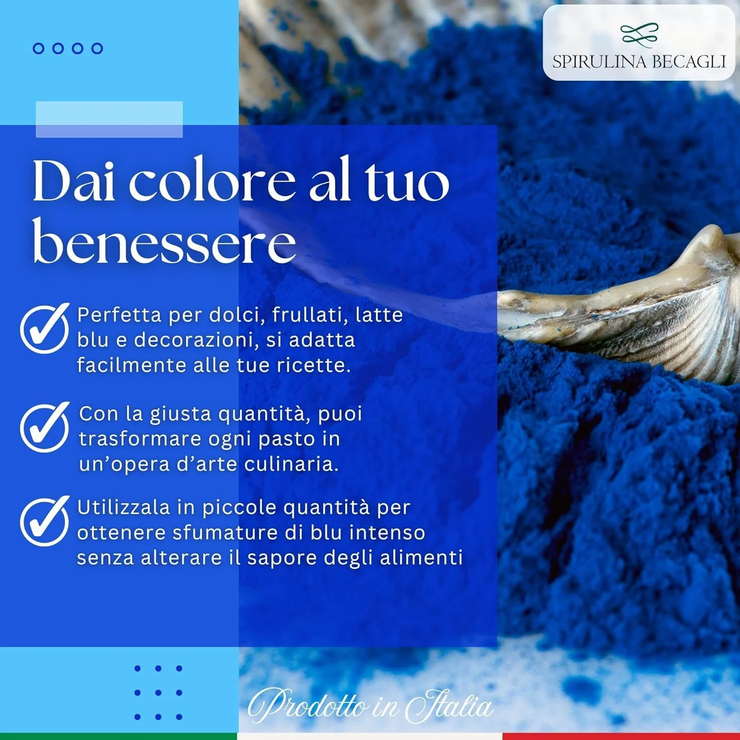 Spirulina Blu In Polvere 20 g, Colorante Alimentare Naturale A Base Di Ficocianina, Polvere Blu Per Bevande, Made in Italy, Vegan