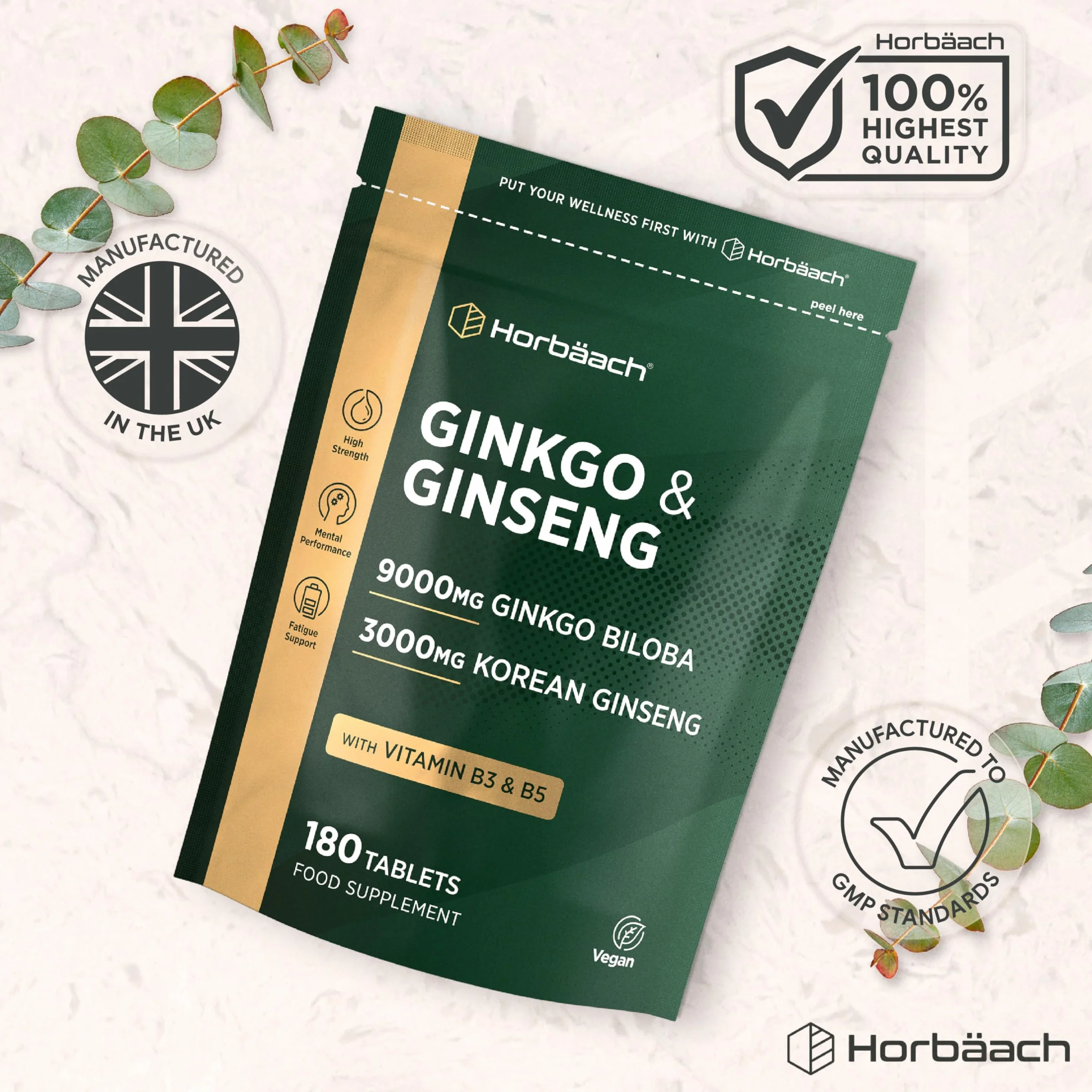 Horbaach Ginkgo Biloba e Ginseng Integratore 9000 mg 3000 mg 180 compresse vegane