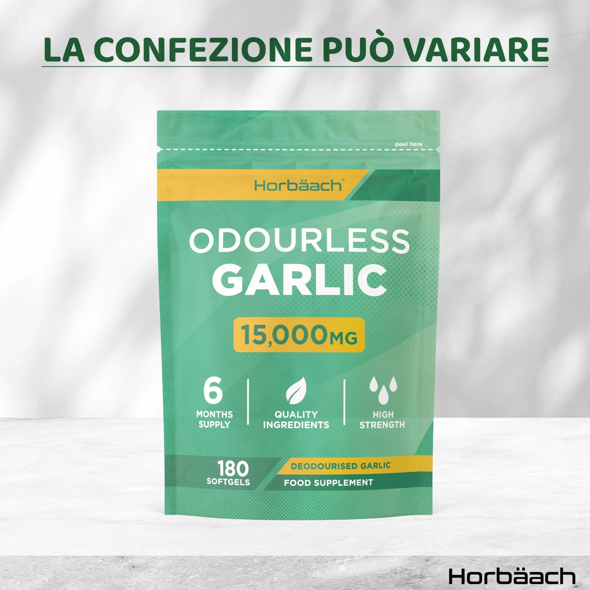 Aglio Capsule Inodore 15000mg | 180 Capsule Molli per 6 Mesi | Estratto di Aglio Deodorizzato ad Alto Dosaggio | Ricavato da Allium Sativum | Odorless Garlic Softgels | by Horbaach