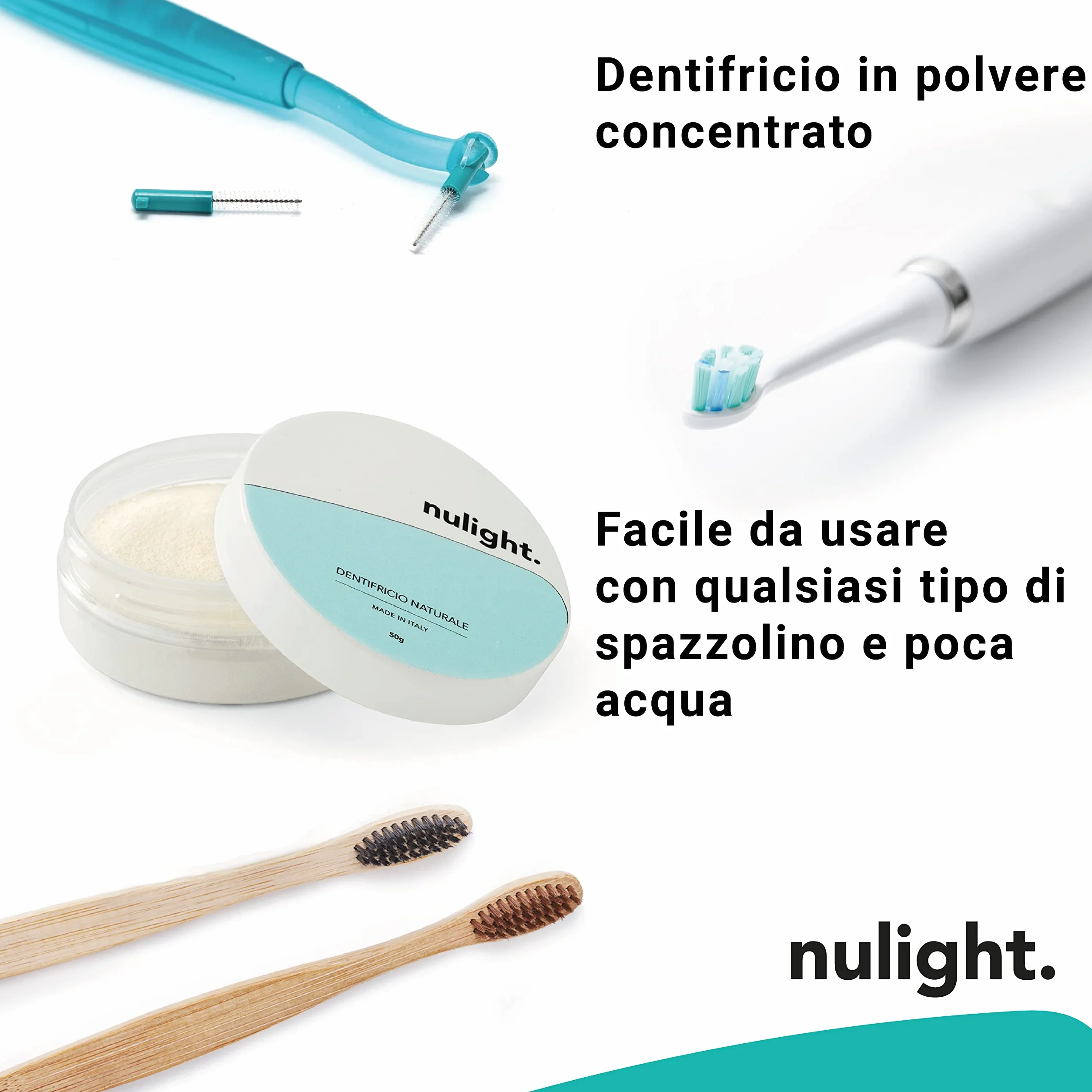 Nulight Dentifricio in Polvere per Sbiancamento Denti Professionale Senza Fluoro per Gengive e Denti Bianchi Sensibili Made in Italy Vegano Bambini e Adulti 50g (1)