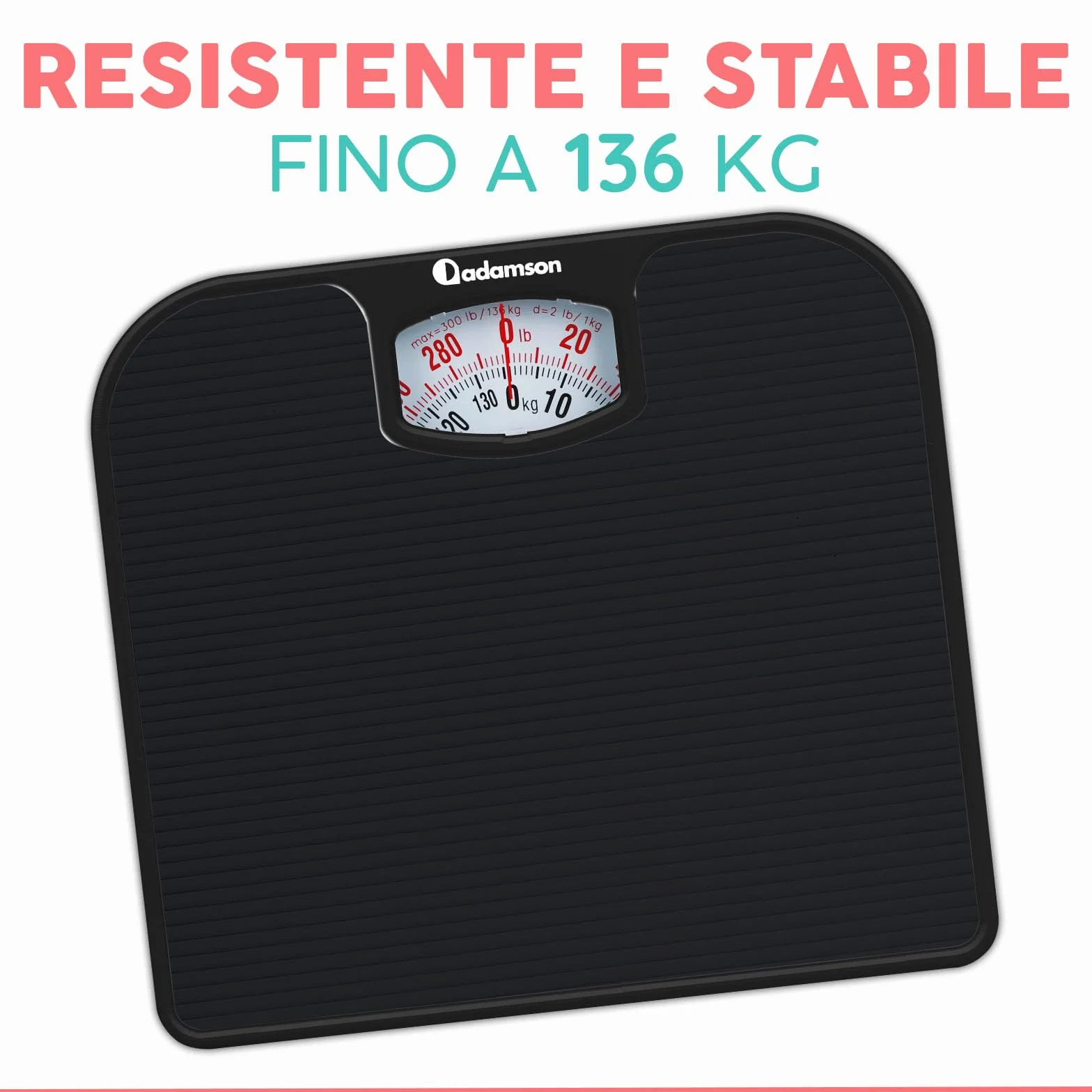 Adamson A21 Bilancia Pesapersone Meccanica - Fino a 136 KG - Superficie in Gomma Antiscivolo - Bilancia Pesapersone Analogica - Bilancia Analogica con 20 Anni DI Garanzia - Nero Completo