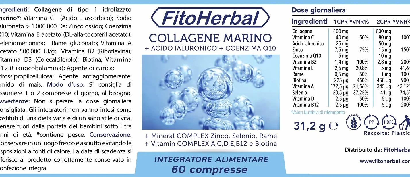 COLLAGENE MARINO CON ACIDO IALURONICO Coenzima Q10 Compresse di Collagene Idrolizzato con Vitamina Complex A C D E B12 Biotina Zinco Selenio