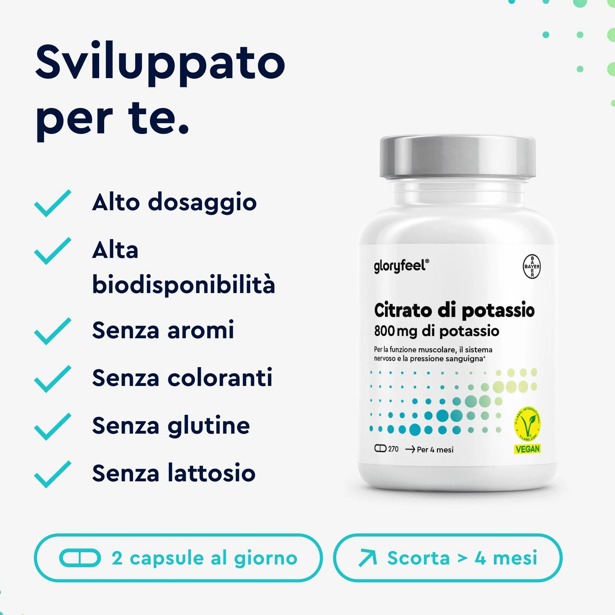 Potassio Integratore, 270 Capsule, Eletto PRODOTTO DELL'ANNO 2025, Vegano, 800mg Citrato di Potassio Puro, Scorta 4 Mesi, Supporto Muscoli Nervi e Pressione Sanguigna, Senza Additivi, 100% Vegan