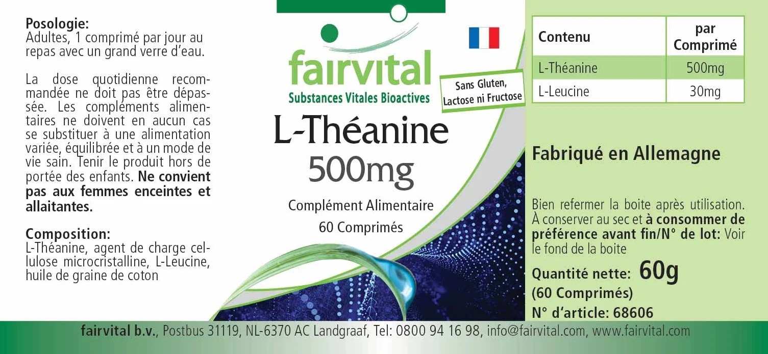fairvital L-teanina 500 mg, 60 compresse, ALTO DOSAGGIO, VEGANO, aminoacido, facile da deglutire
