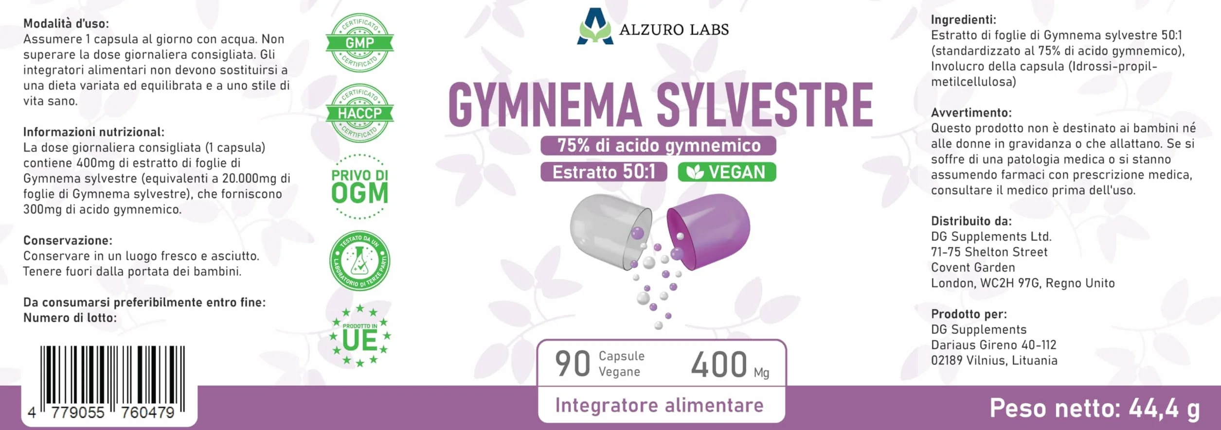 Gymnema Sylvestre 20,000mg Estratto 50:1 400mg 75% Acido Gymnemico 90 Capsule Vegane