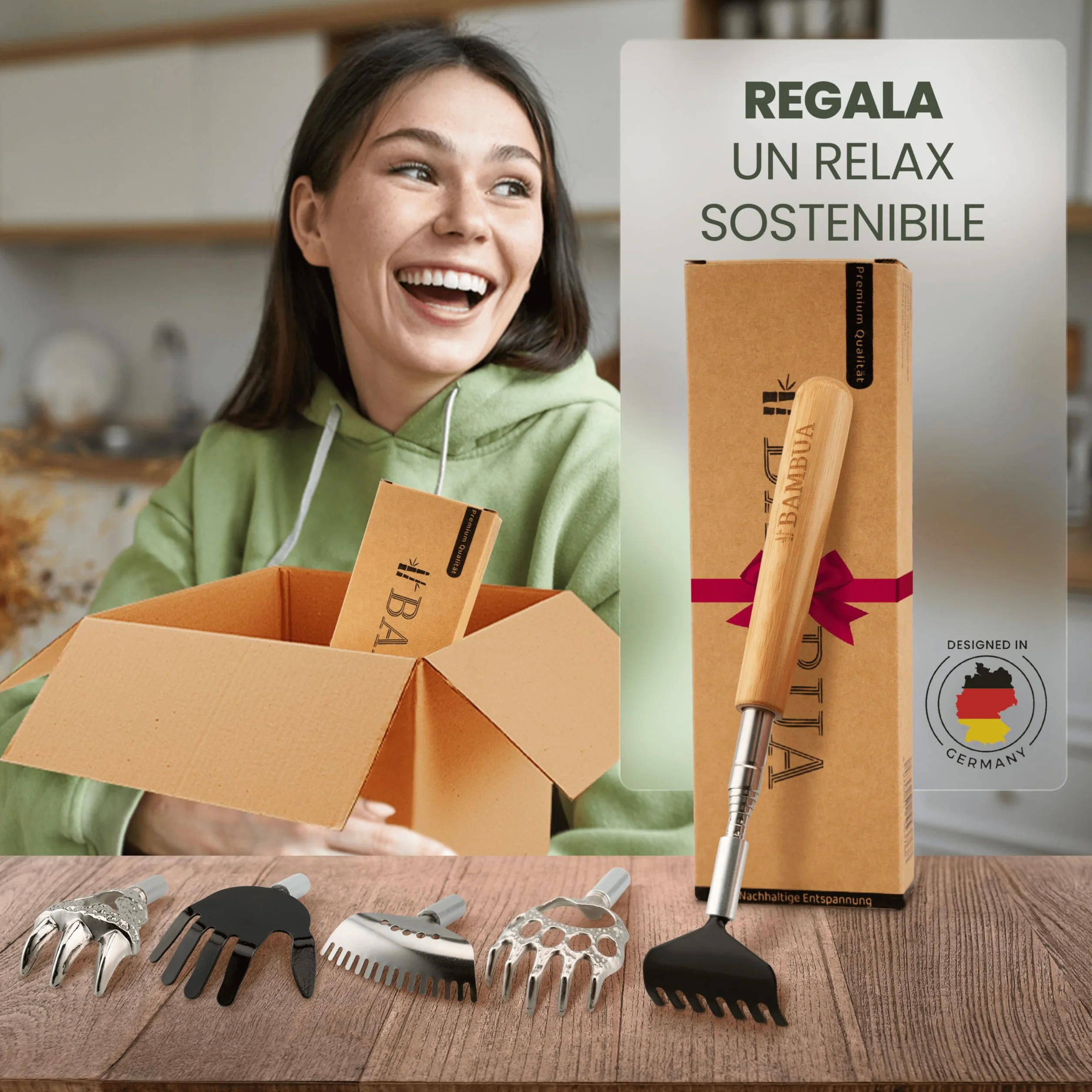 BAMBUA Manina Grattaschiena Allungabile - (Include 5 Accessori) Manico in Bambù - Per Sensazioni di Grattamento Soddisfacenti - Gratta Schiena Mano Allungabile - Grattino Schiena - Idea Regalo