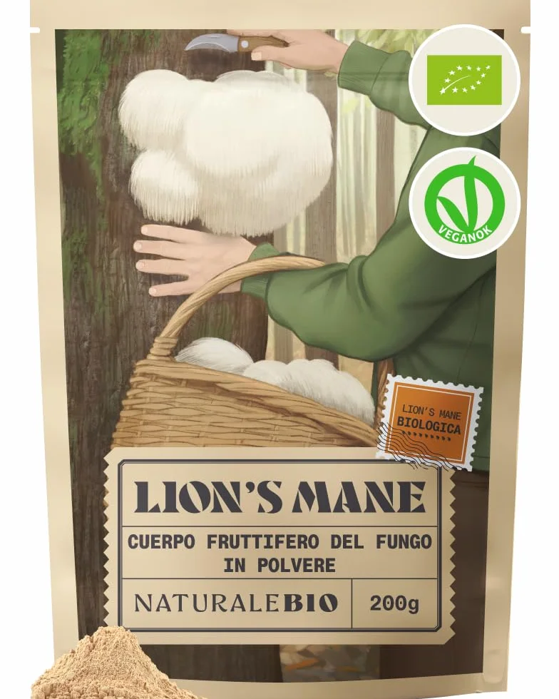 NaturaleBio Criniera di Leone in Polvere 200g | Biologica, Vegana, Senza Glutine, Non OGM | Supporta Funzioni Cognitive, Intestino e Sistema Immunitario | Facile da Assumere