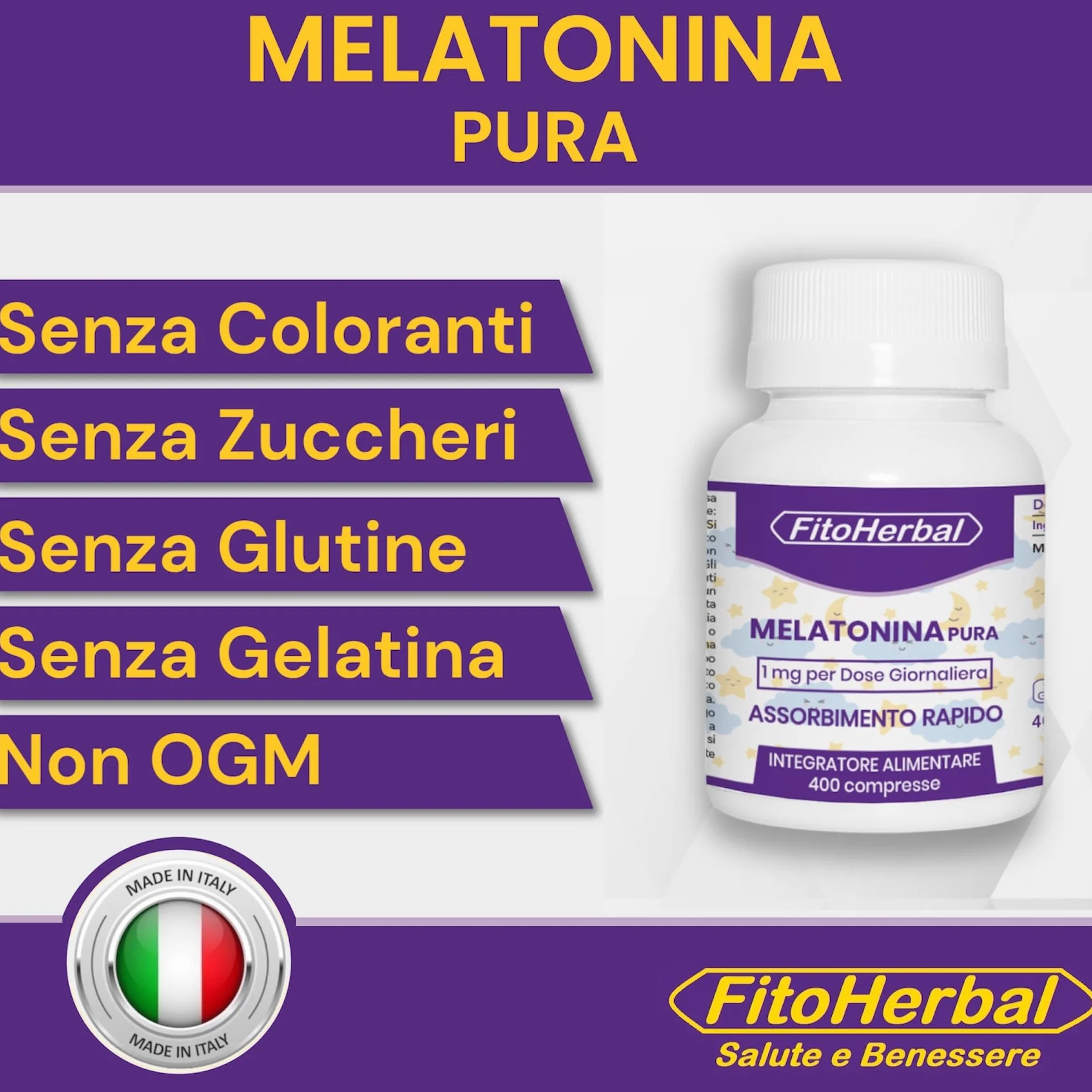 FitoHerbal Melatonina Pura Forte 1 mg 400 Mini Compresse Integratore per Dormire Sonno Naturale