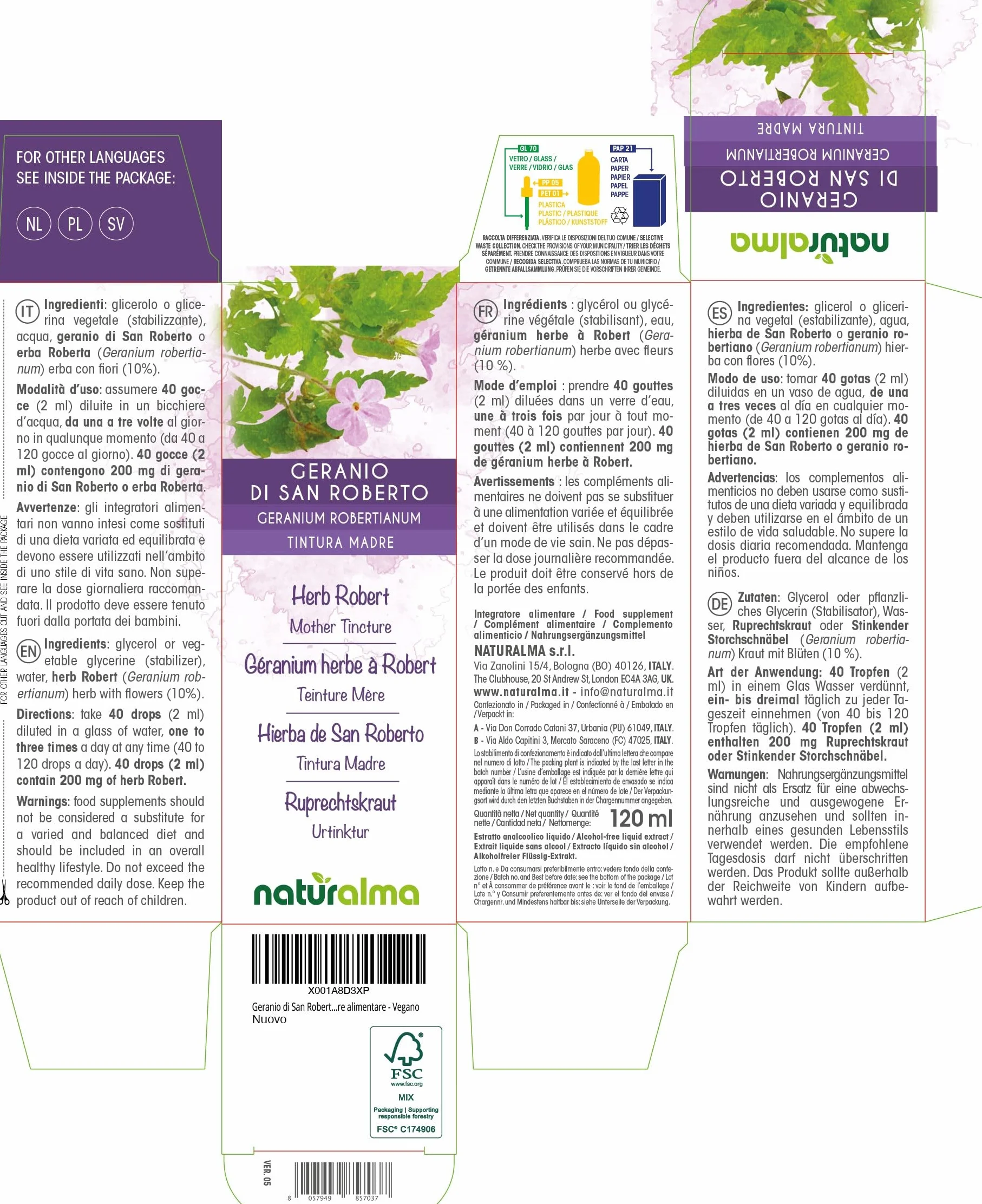 Geranio di San Roberto o Erba Roberta (Geranium robertianum) erba con fiori Tintura Madre analcoolica Naturalma - Estratto liquido gocce 120 ml - Integratore alimentare - Vegano