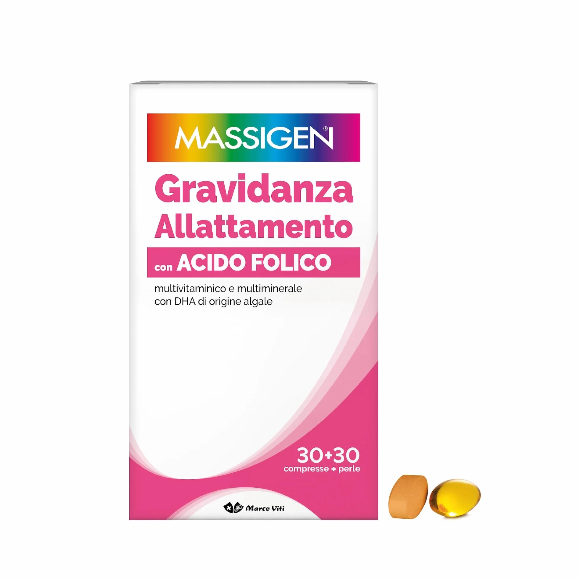 Massigen DailyVit+ - Multivitaminico, Gravidanza e Allattamento, Senza Glutine, In grado di Favorire lo Sviluppo fisiologico Cerebrale e degli Occhi del Feto, 30 Compresse da 11 g + 30 Perle da 700 mg