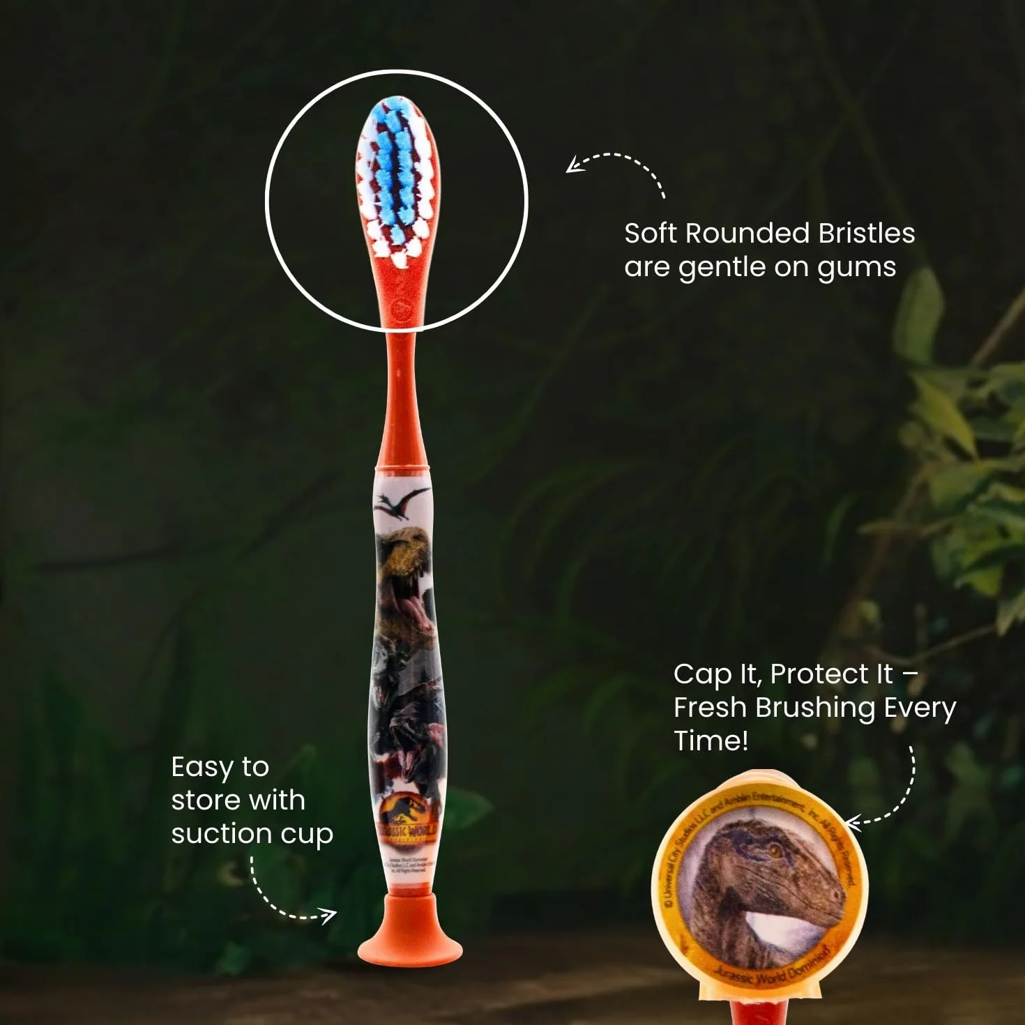 Jurassic World - Kit da viaggio per l'igiene orale, contiene dentifricio al gusto di fragola e spazzolino da denti con tappo di protezione, ventosa, manico comodo e setole morbide per bambini