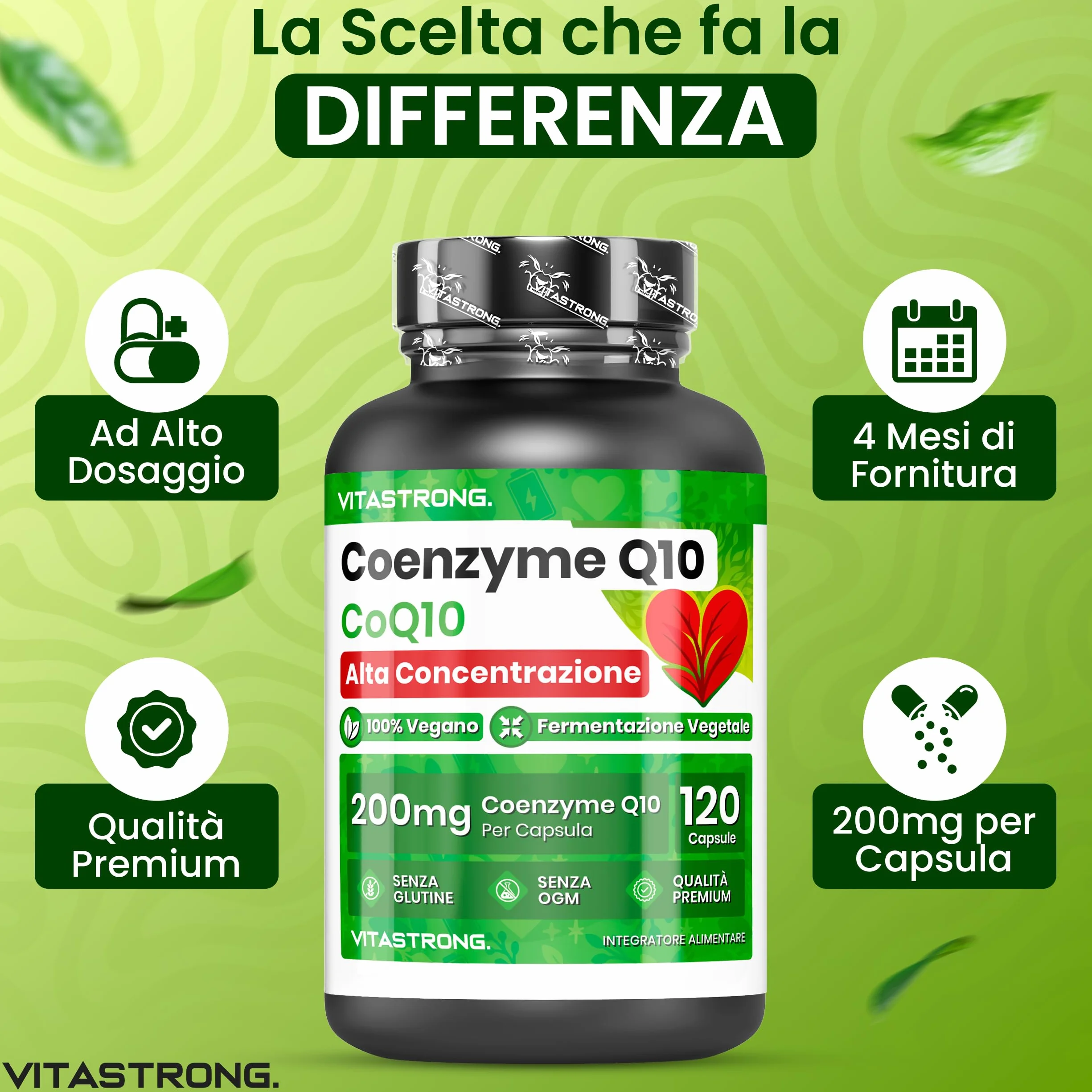 Coenzima Q10 200mg Alto Dosaggio, 1 Capsula al Giorno per 4 Mesi, 120 Capsule CoQ10 200mg Ognuna, Q10 Coenzima Premium Quality, Senza Glutine né OGM, Integratore Made in Italy Certificato