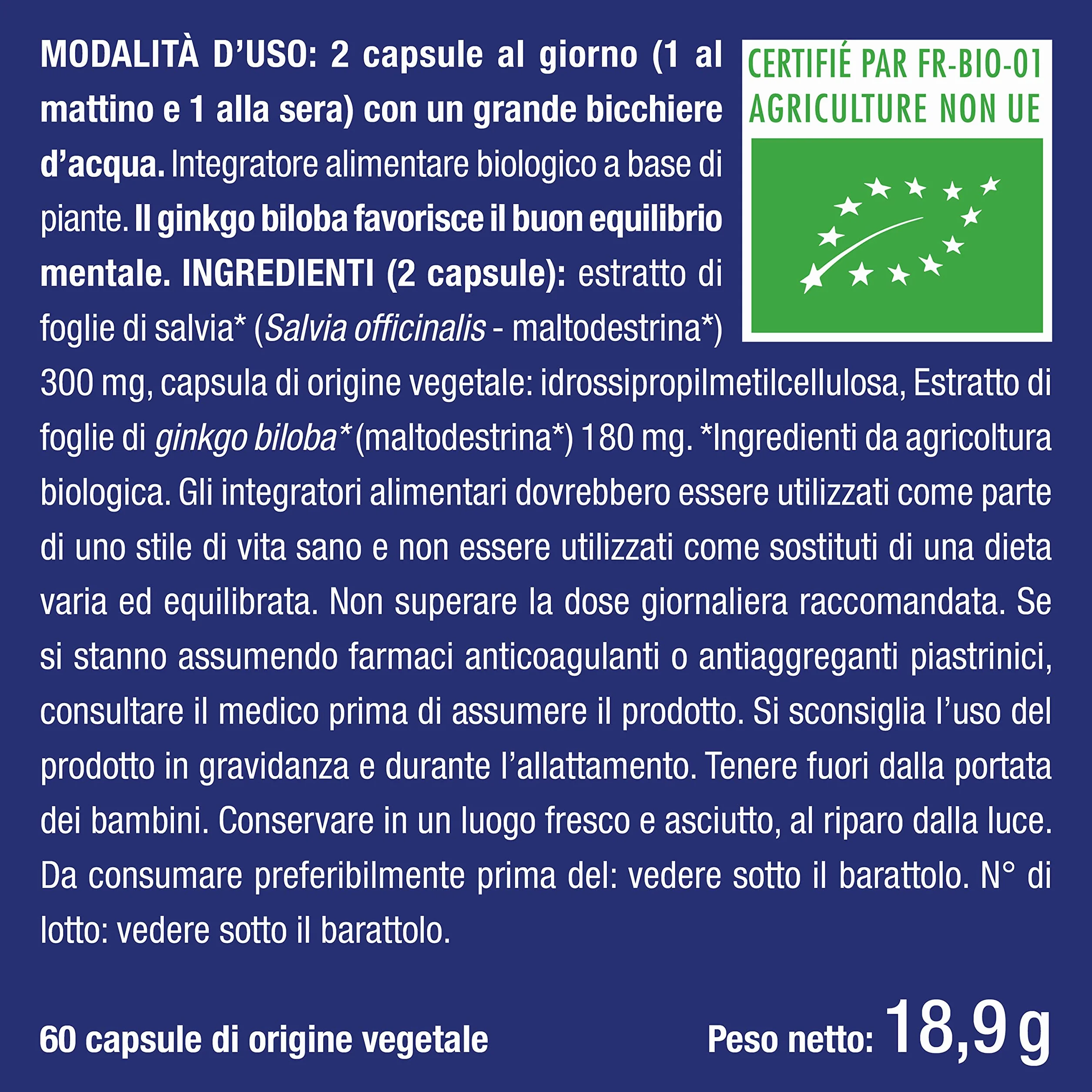 Ginkgo Biloba Biologico | Integratore per Memoria e Concentrazione | Aumenta le Prestazioni Cerebrali | Con Salvia Biologica