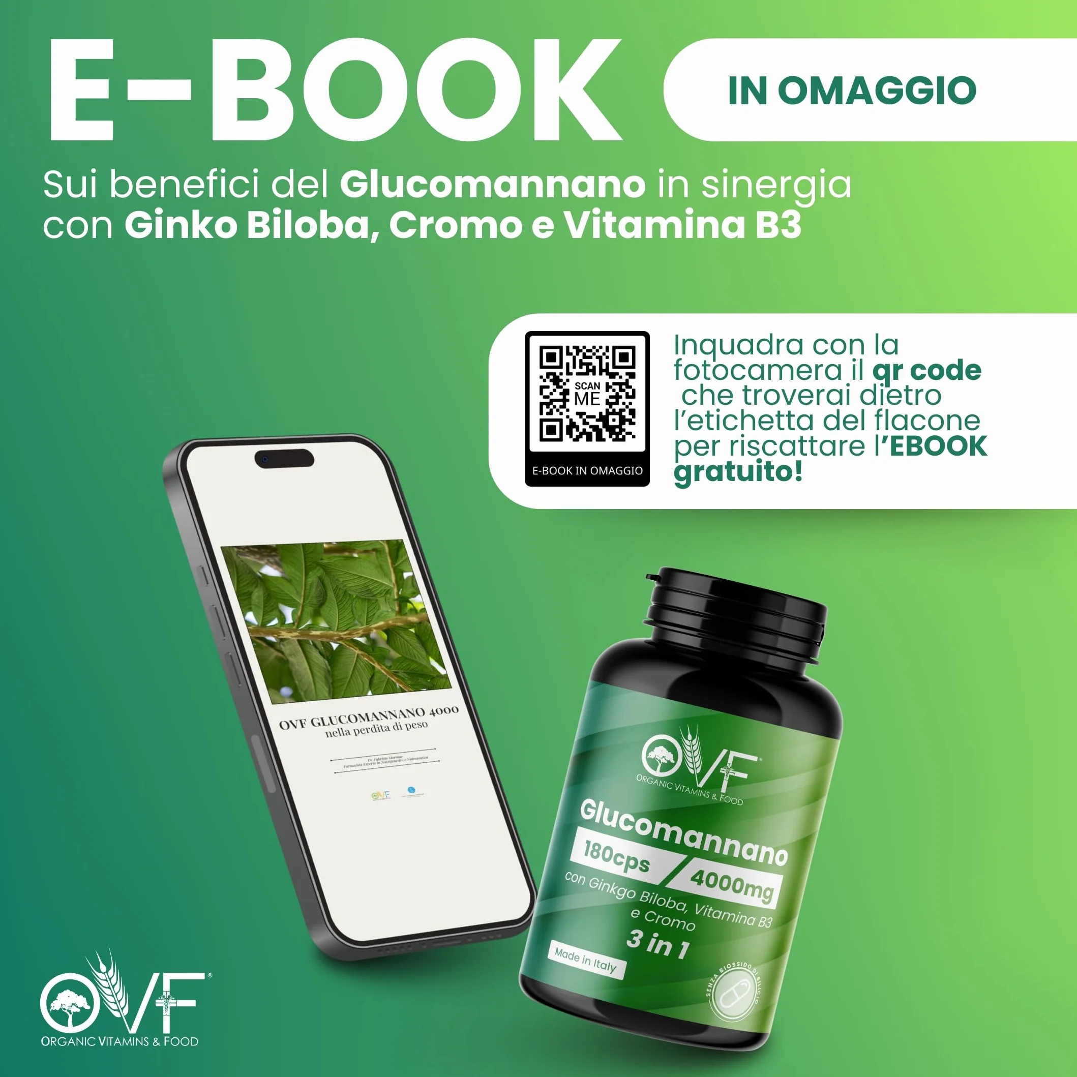 OVF Glucomannano Forte 4000 mg 180 Capsule Integratore Alimentare con Ginkgo Biloba, Vitamina B3 e Cromo, Made in Italy