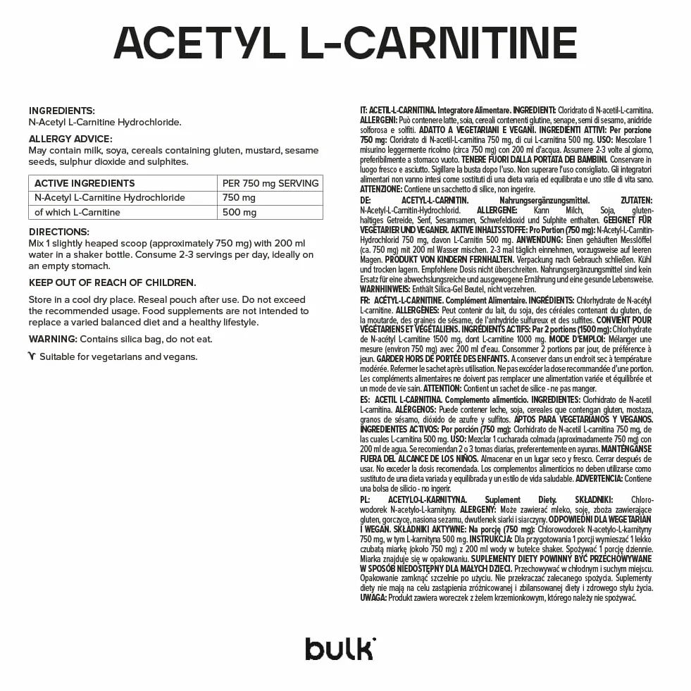 Acetil-L-carnitina 500g 666 porzioni