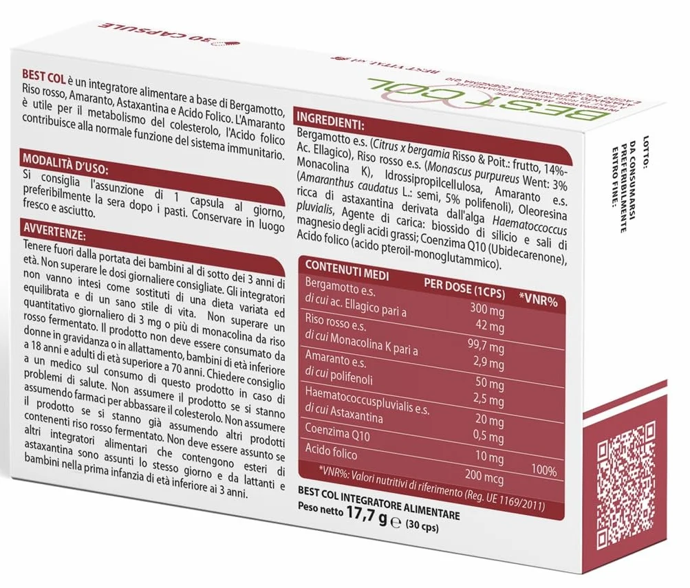 BEST COL Nuova Formula - Integratore Alimentare a Base di Bergamotto, Amaranto, Astaxantina, Coenzima Q-10, Riso Rosso e Acido Folico. 30 capsule