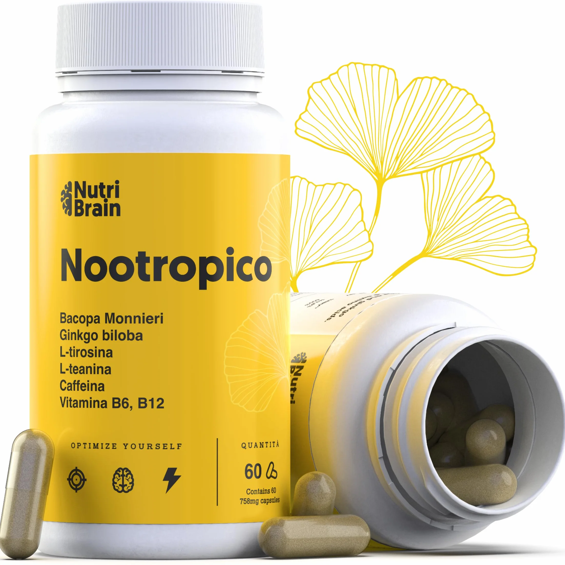 Nootropico Naturale XL 60 Capsule Caffeina Ginkgo Biloba Teanina Concentrazione Memoria Energia
