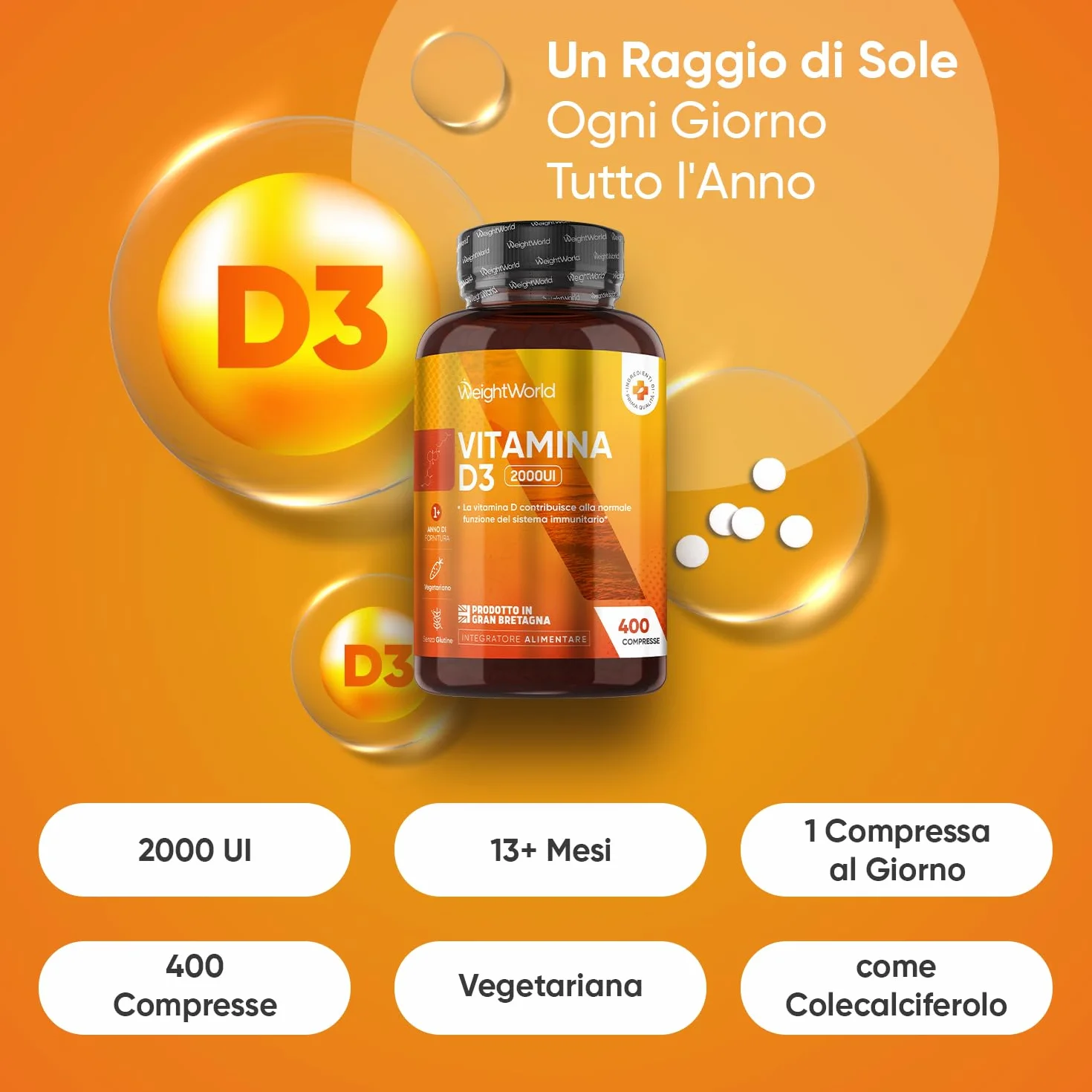 Vitamina D3 2000 UI Colecalciferolo 50mcg Vegetariana 400 Compresse 1 al Giorno Sistema Immunitario Senza Glutine