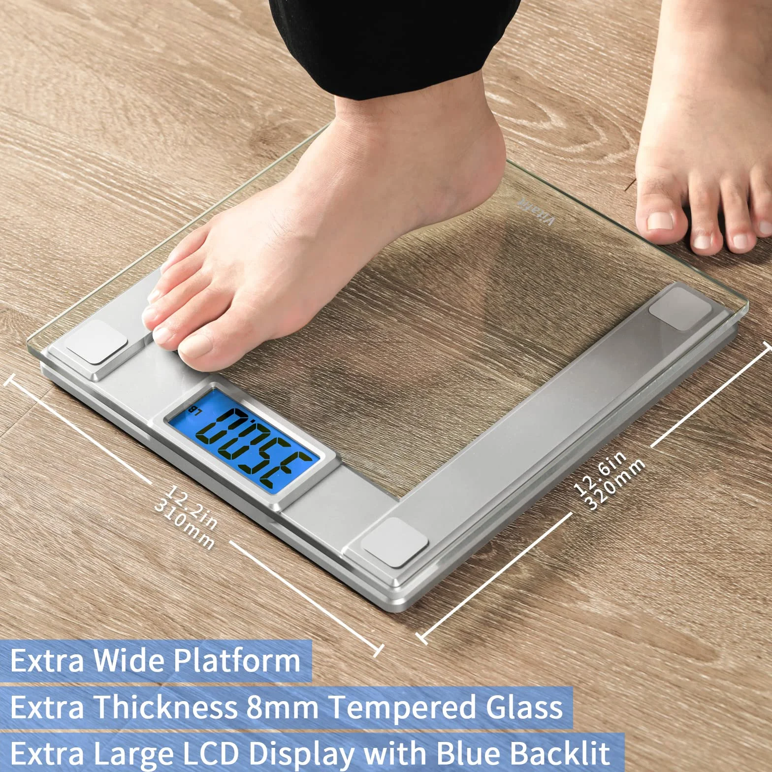 Vitafit 250kg Bilancia Pesapersone Digitale Intelligent con Peso e BMI, Professionale Bluetooth Bilancia Pesa Persona Digitale con App, vetro temperato da 8 mm con piattaforma extra larga, argento