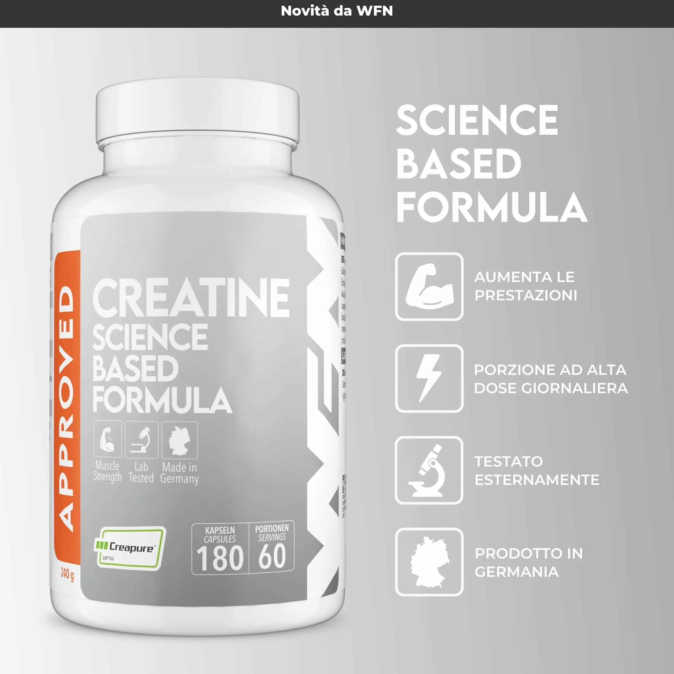 WFN Approved Creatine Caps - Creapure - 180 Capsule di creatina - Giga Caps ad alta dose - Pura creatina monoidrato - Vegano - 60 Porzioni - Prodotto in Germania - Testato in laboratorio esterno