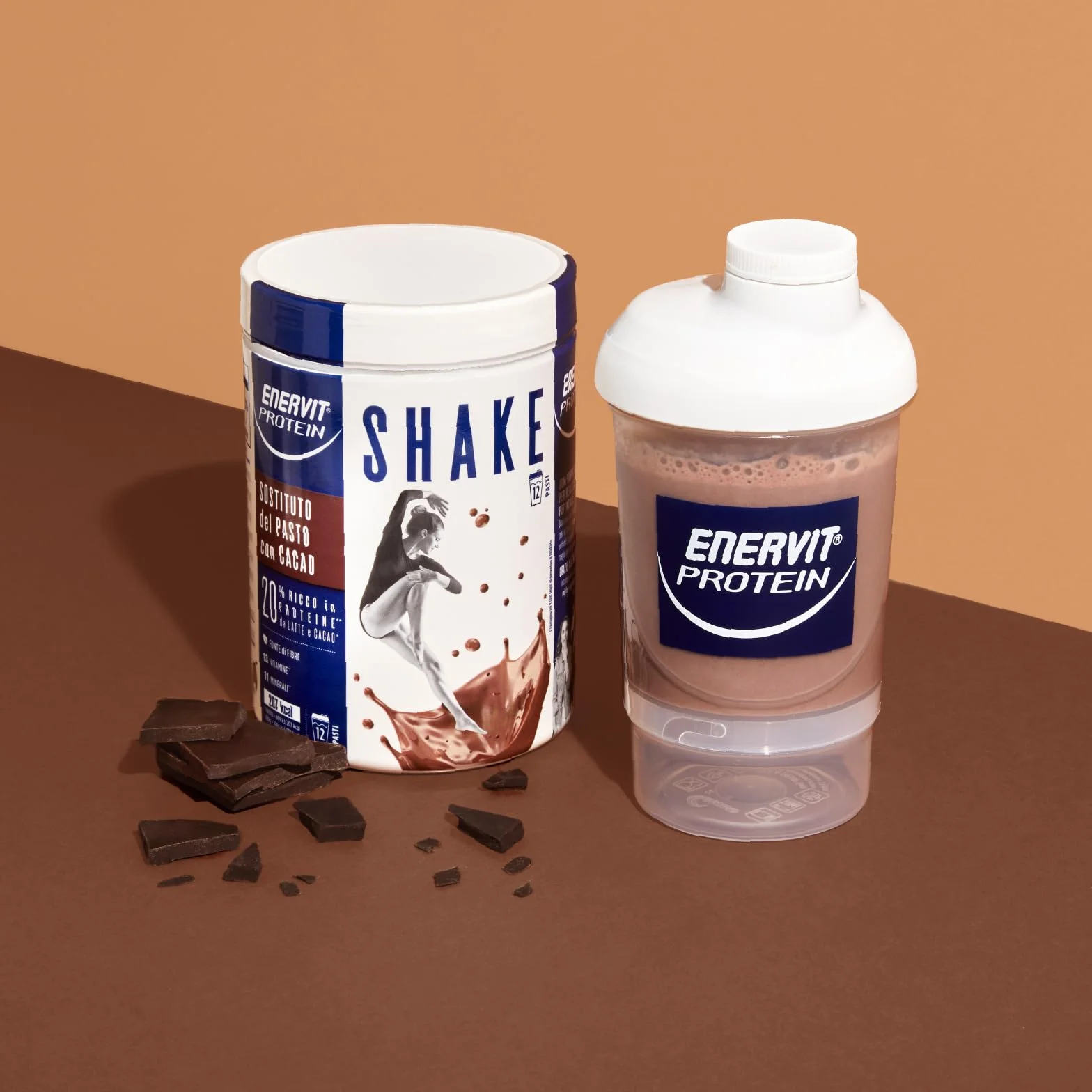 Enervit, Meal Shake Cacao Protein, Sostituto del Pasto, 1pasto=207 kcal, Bevanda Proteica, Gusto Cacao Intenso, 20% di Proteine, Per il Controllo del Peso, 1 Barattolo=12 Pasti