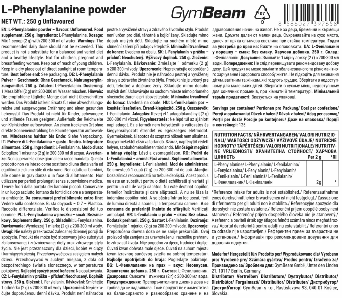GymBeam L-Fenilalanina in Polvere 100% Pura 250 g - Amminoacido Essenziale Vegan