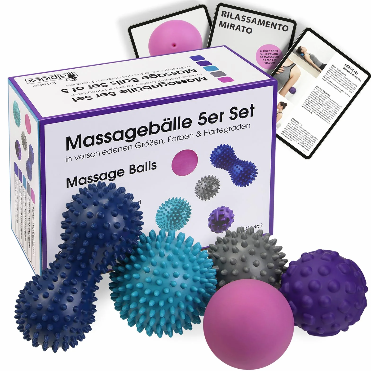 ALPIDEX Palline per massaggio set di 5 - lacrosse, peanut e trigger point | diverse durezze | e-book incluso