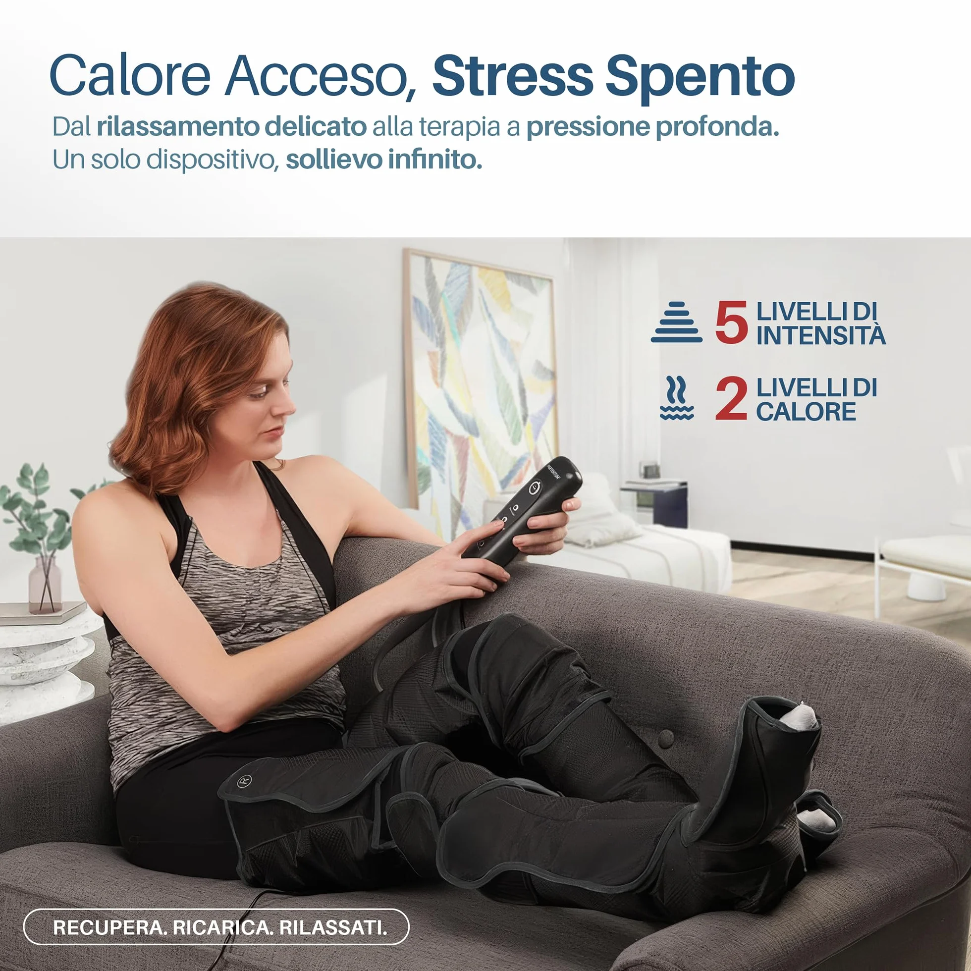 PORTENTUM Pressoterapia linfodrenaggio – Massaggiatore gambe con calore regolabile – 5 intensità compressione ad aria – Telecomando – Sollievo gambe stanche e migliore circolazione – Borsa trasporto
