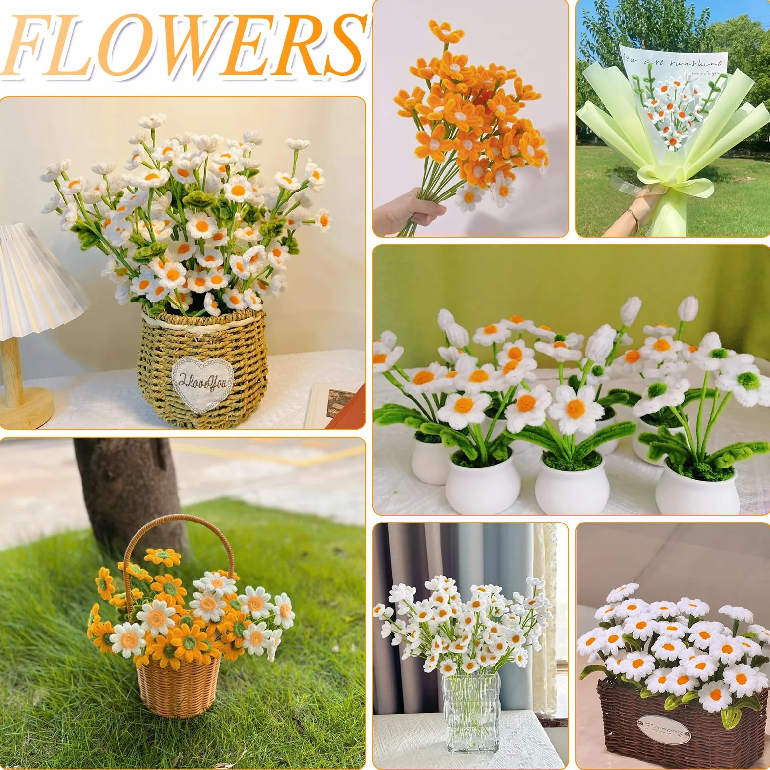 Daisy - Detergente per pipa per bouquet, 300 pezzi, per fai da te, filo di ciniglia, pulitore per pipe, con nastro e bastoncini per fiori, per progetti artigianali (verde, oro, bianco