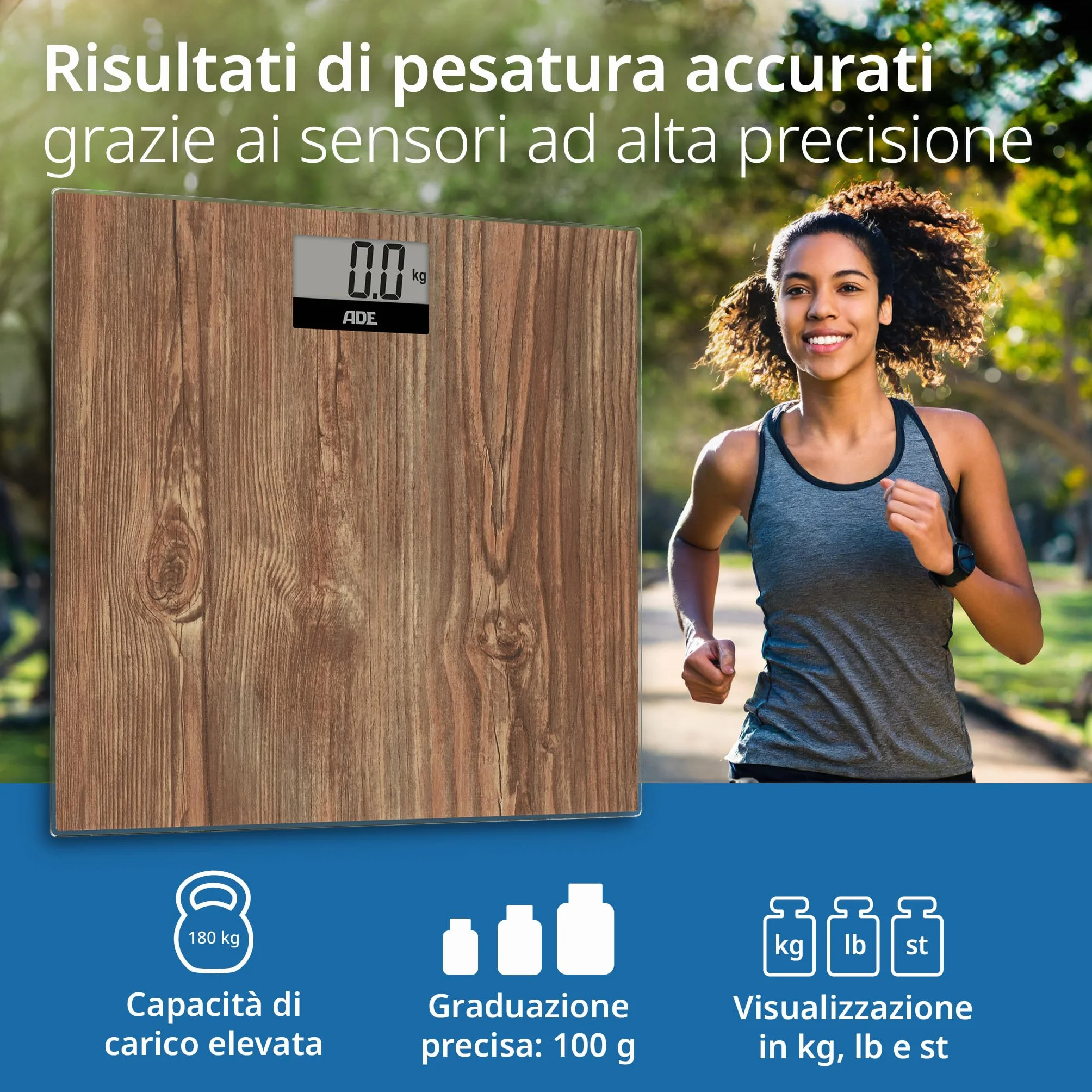 ADE Bilancia pesapersone digitale in accogliente look legno | ampio display | superficie di pesatura antiscivolo in vetro di sicurezza | risultati di pesatura accurati | fino a 180 kg