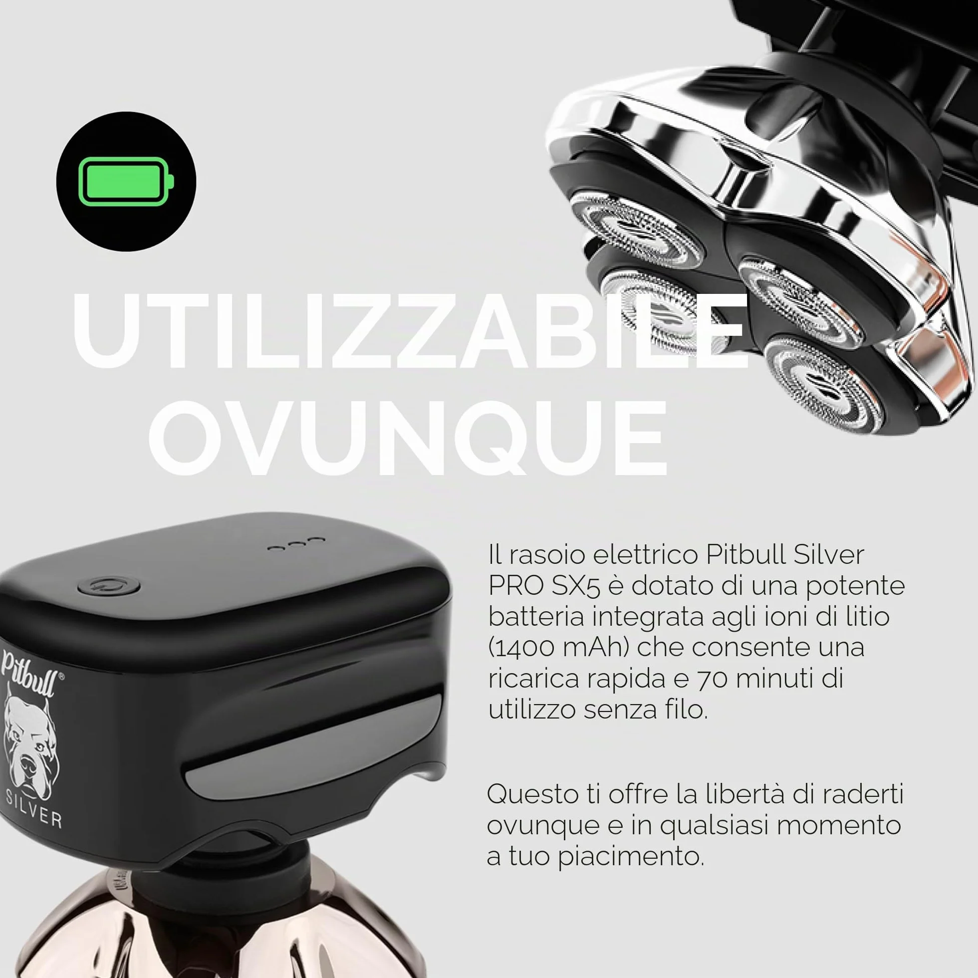 Skull Shaver Pitbull Silver Pro SX5 Rasoio Elettrico Uomo Wet&Dry Senza Fili Resistente all'Acqua