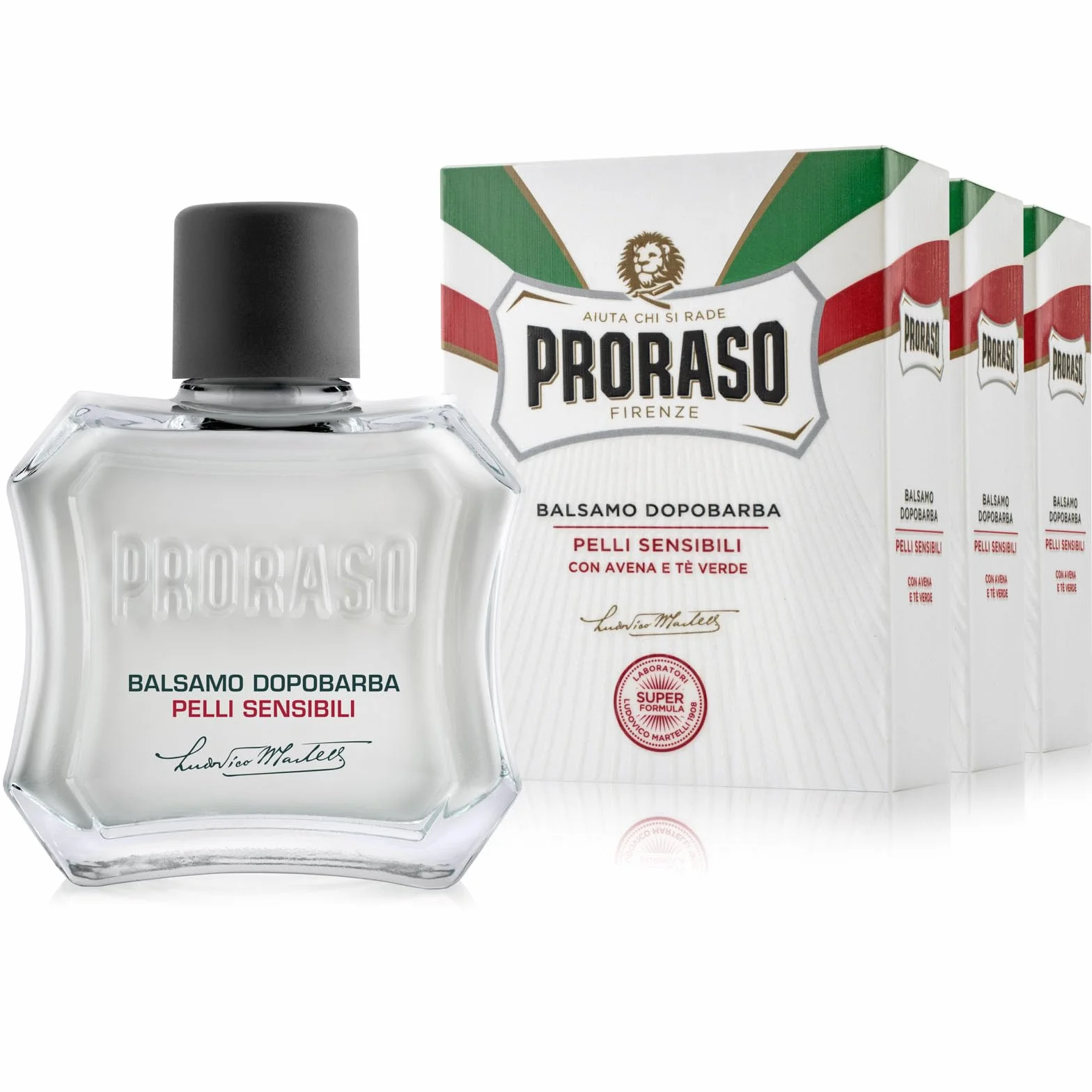 Proraso Balsamo Dopobarba Uomo Pelli Sensibili, 3 x 100ml, Dopobarba uomo con estratti di Avena e Tè Verde, Effetto calmante, Senza alcol, Made in Italy