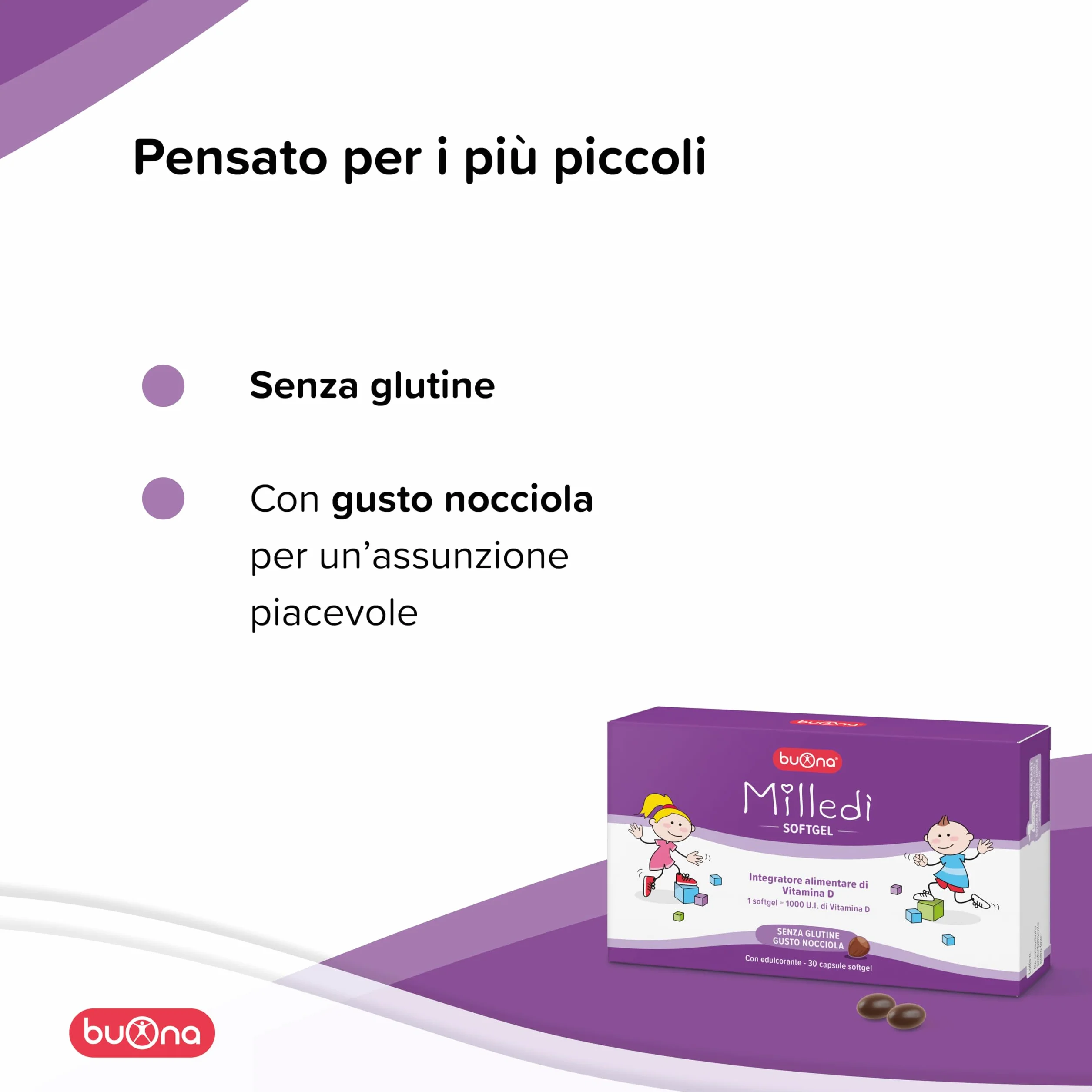 Buona Milledì Integratore Alimentare Vitamina D3 Bambini 30 Softgel Masticabili Gusto Nocciola