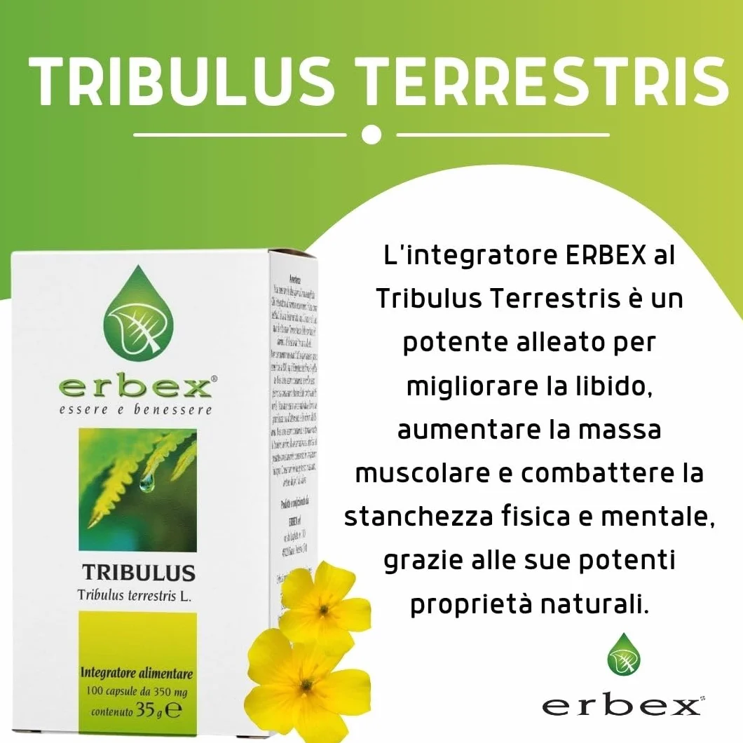 ERBEX Tribulus Terrestris 100% Naturale 360mg Saponine Steroidee Vigore Fisico Vitalità Uomini