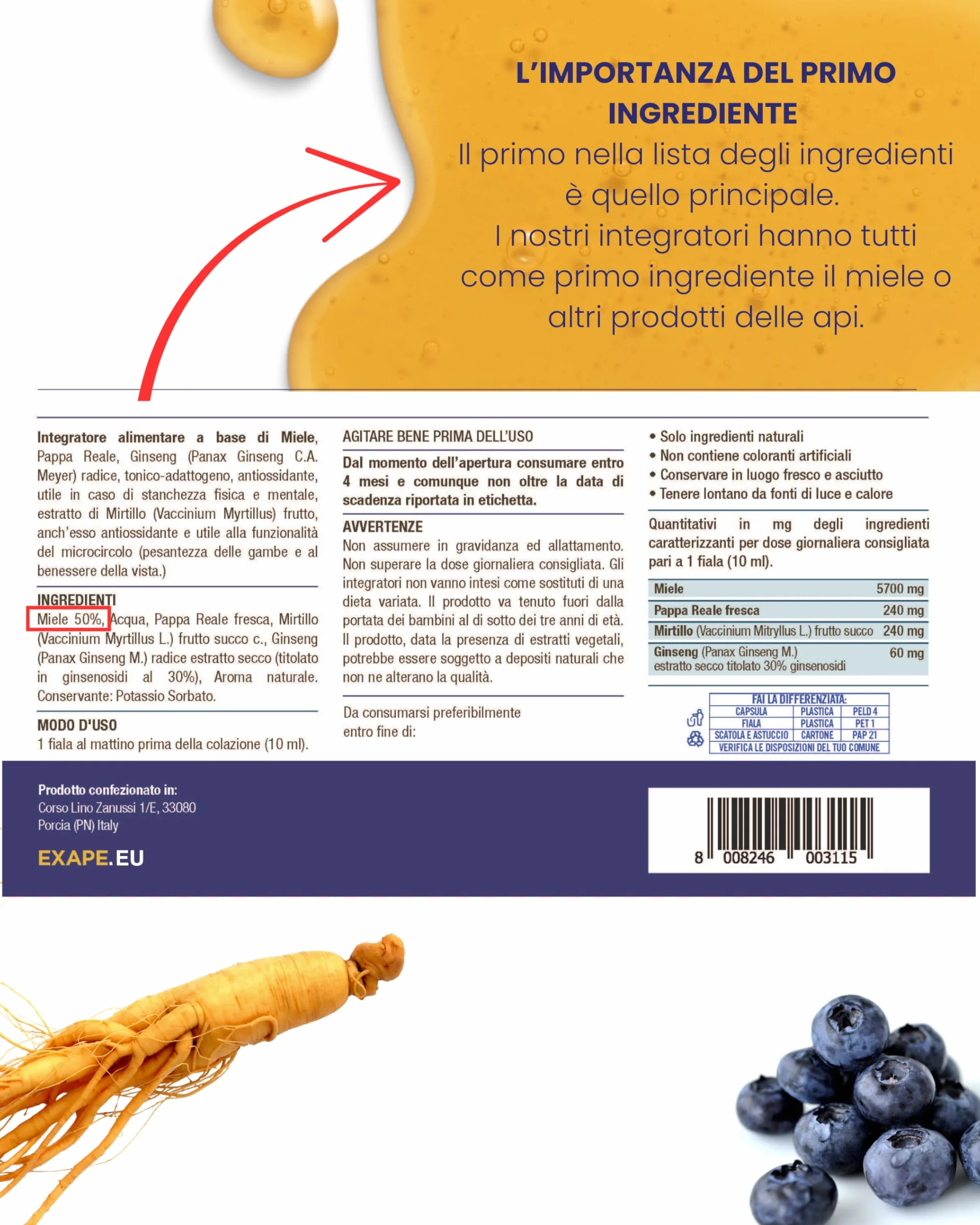 EXAPE Pappa Reale Fresca Tonico Naturale Integratore Energetico con Miele 50% e Ginseng 10 Flaconcini da 10ml 2 Confezioni