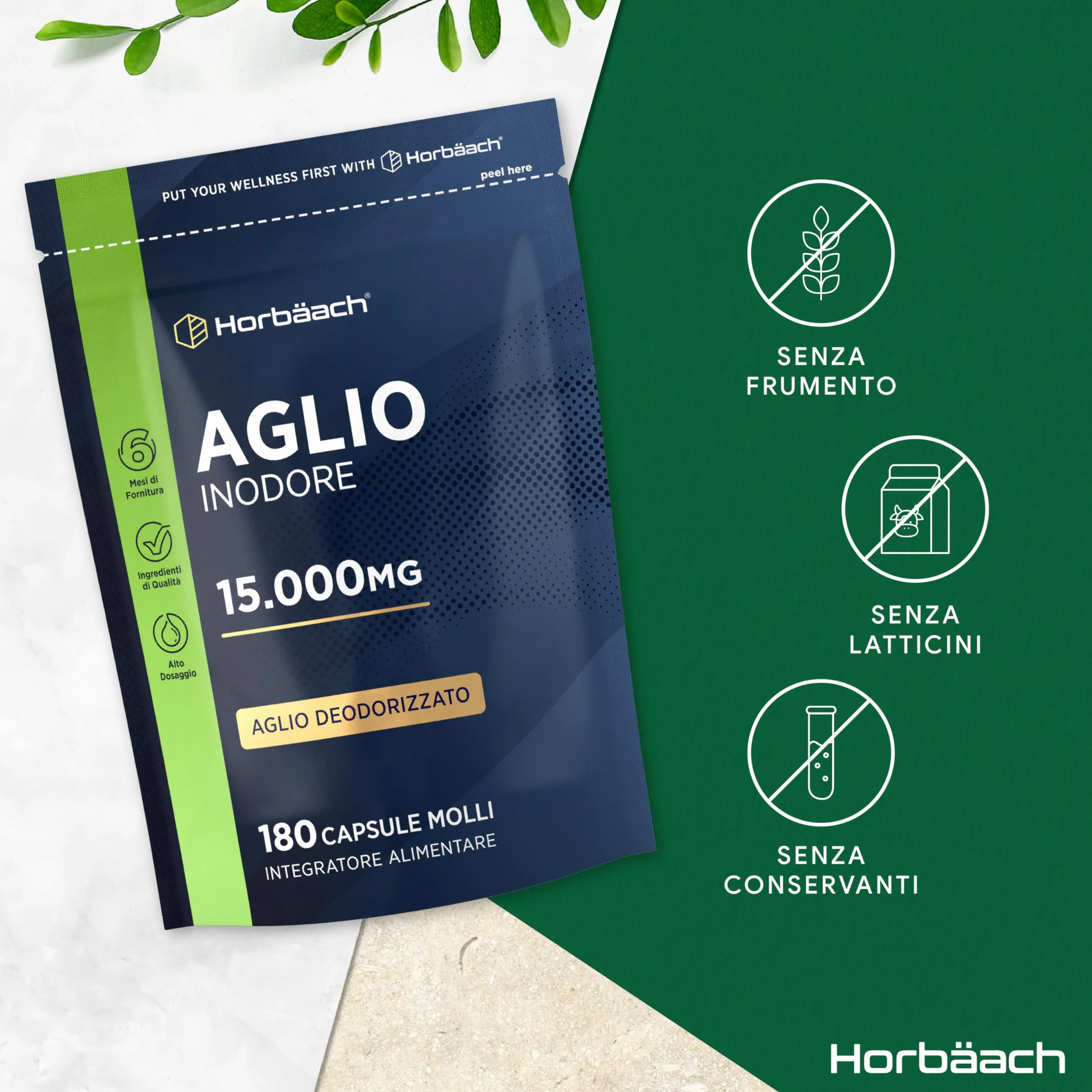 Aglio Capsule Inodore 15000mg | 180 Capsule Molli per 6 Mesi | Estratto di Aglio Deodorizzato ad Alto Dosaggio | Ricavato da Allium Sativum | Odorless Garlic Softgels | by Horbaach