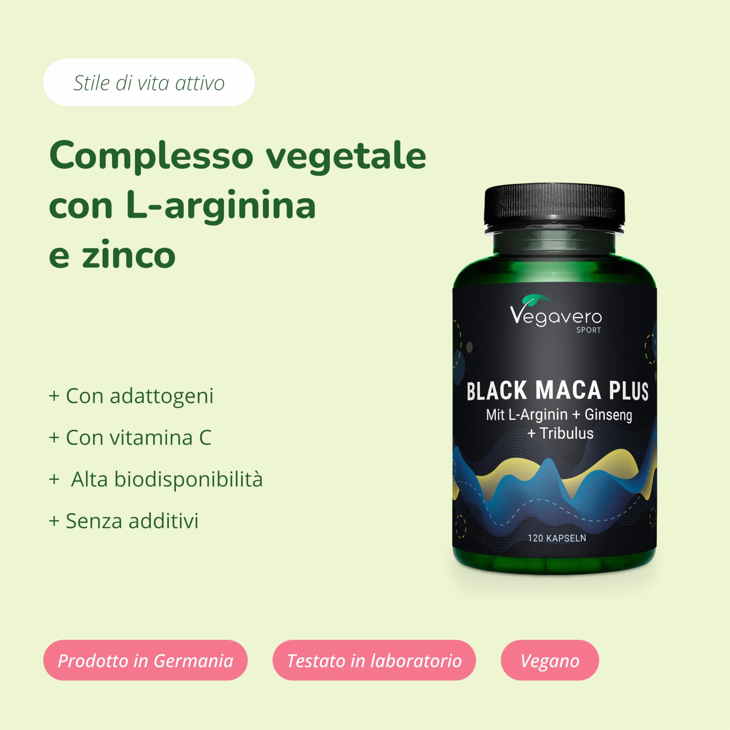 Maca Nera Complex | con L-arginina + Ginseng + Tribulus + Zinco | Integratori Sport Pre-workout | 120 capsule | Vegan | Senza Additivi | Vegavero