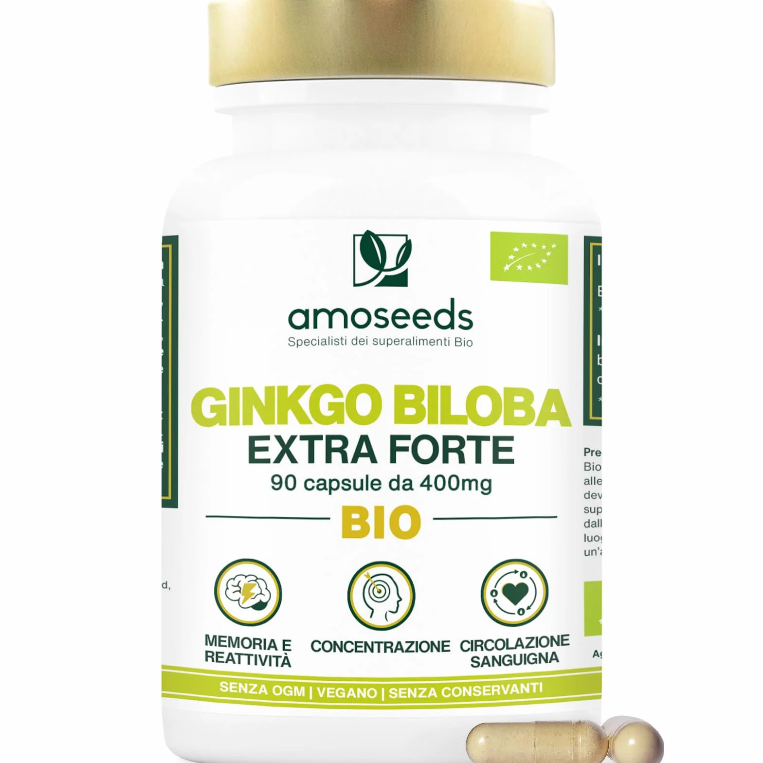 Ginkgo Biloba BIO Extra Forte 4560mg 90 capsule vegane Memoria Concentrazione Circolazione Sanguigna