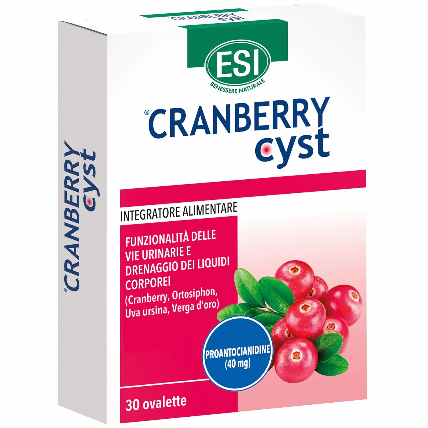 ESI Cranberry Cyst Integratore Alimentare Uva Ursina per Vie Urinarie Drenaggio 30 Ovalette