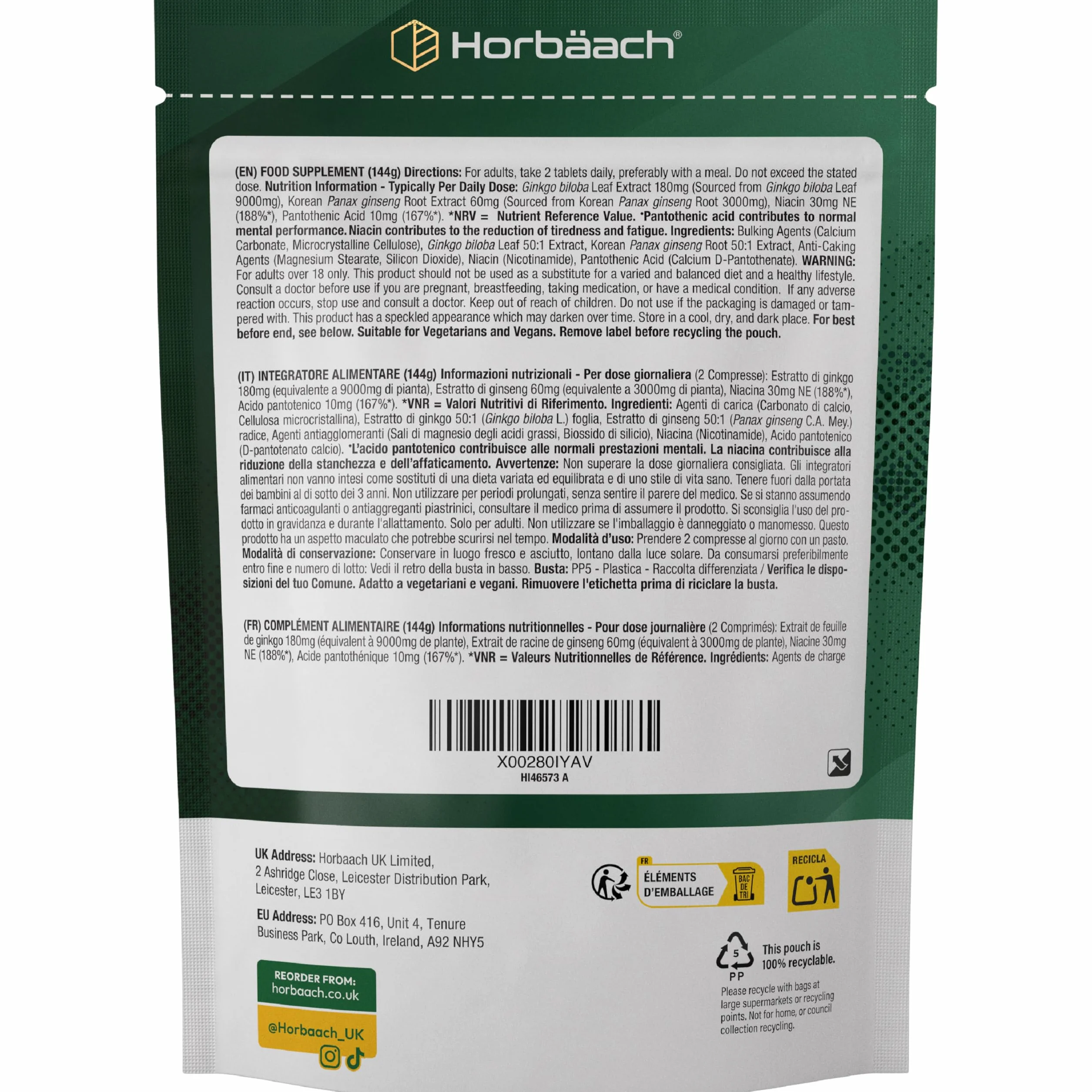 Horbaach Ginkgo Biloba e Ginseng Integratore 9000 mg 3000 mg 180 compresse vegane