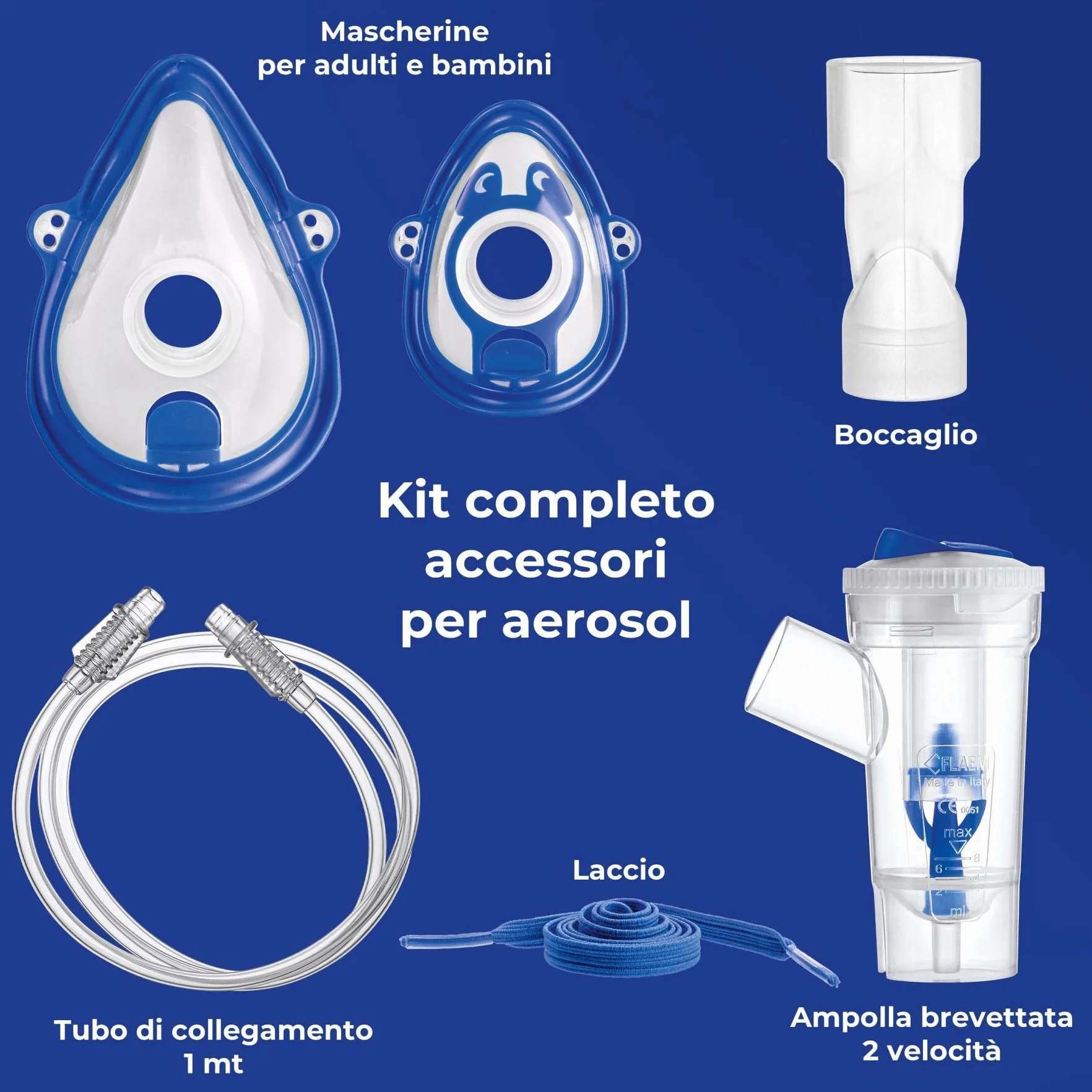 Flaem Kit Completo Accessori Aerosol Ampolla RF7 Dual Speed Mascherina Adulto Pediatrica Boccaglio Tubetto 1 Mt